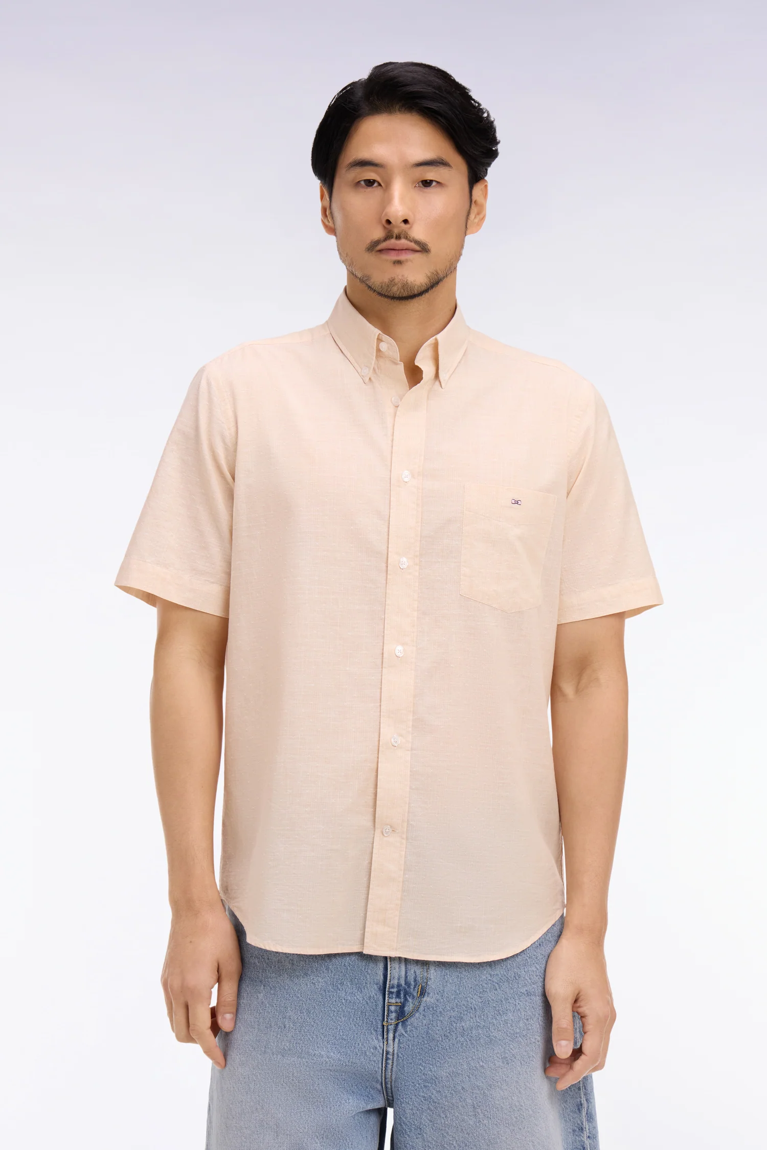 Chemise à manches courtes en coton jacquard rayé beige - Image 3