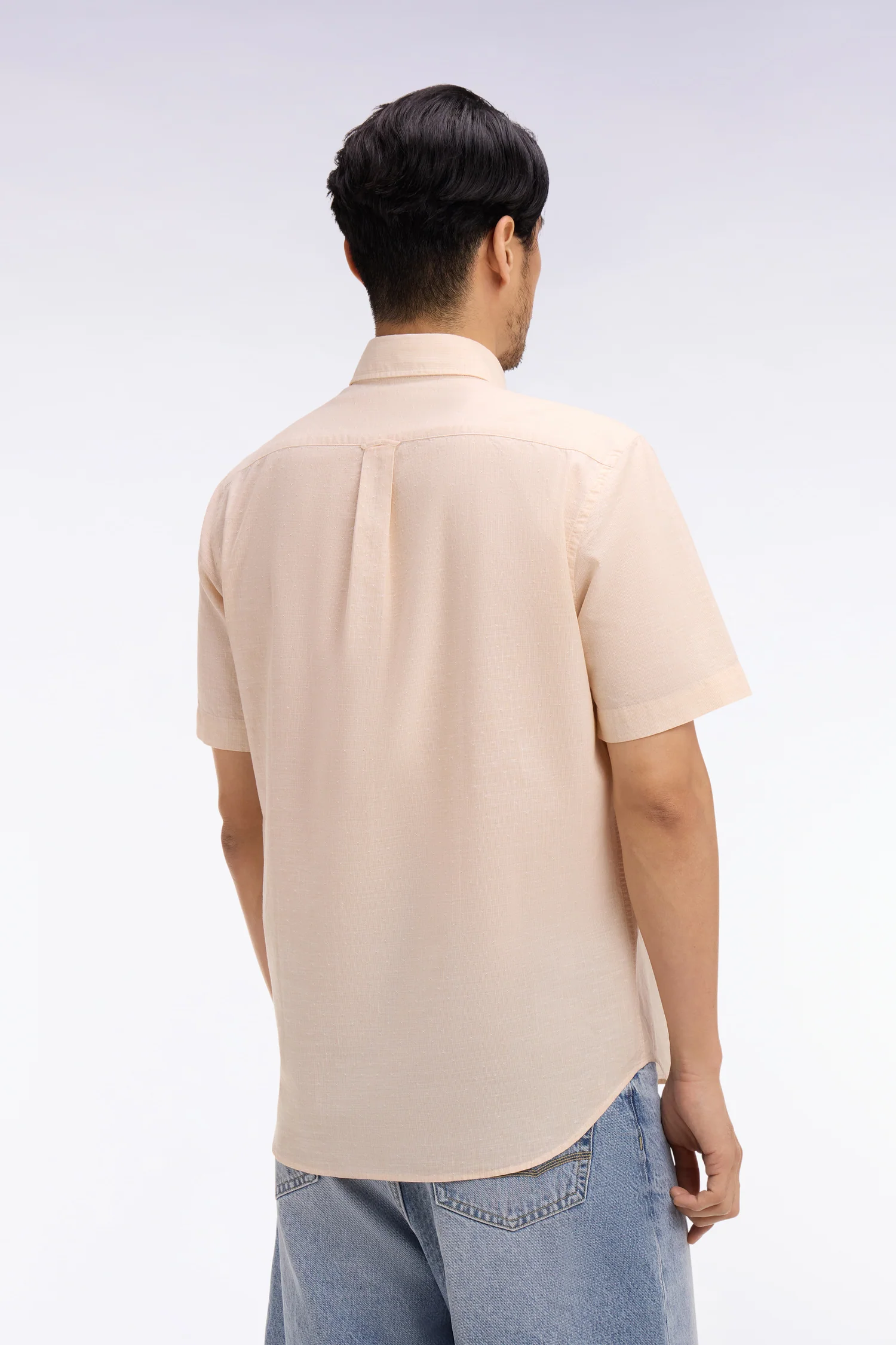 Chemise à manches courtes en coton jacquard rayé beige - Image 5