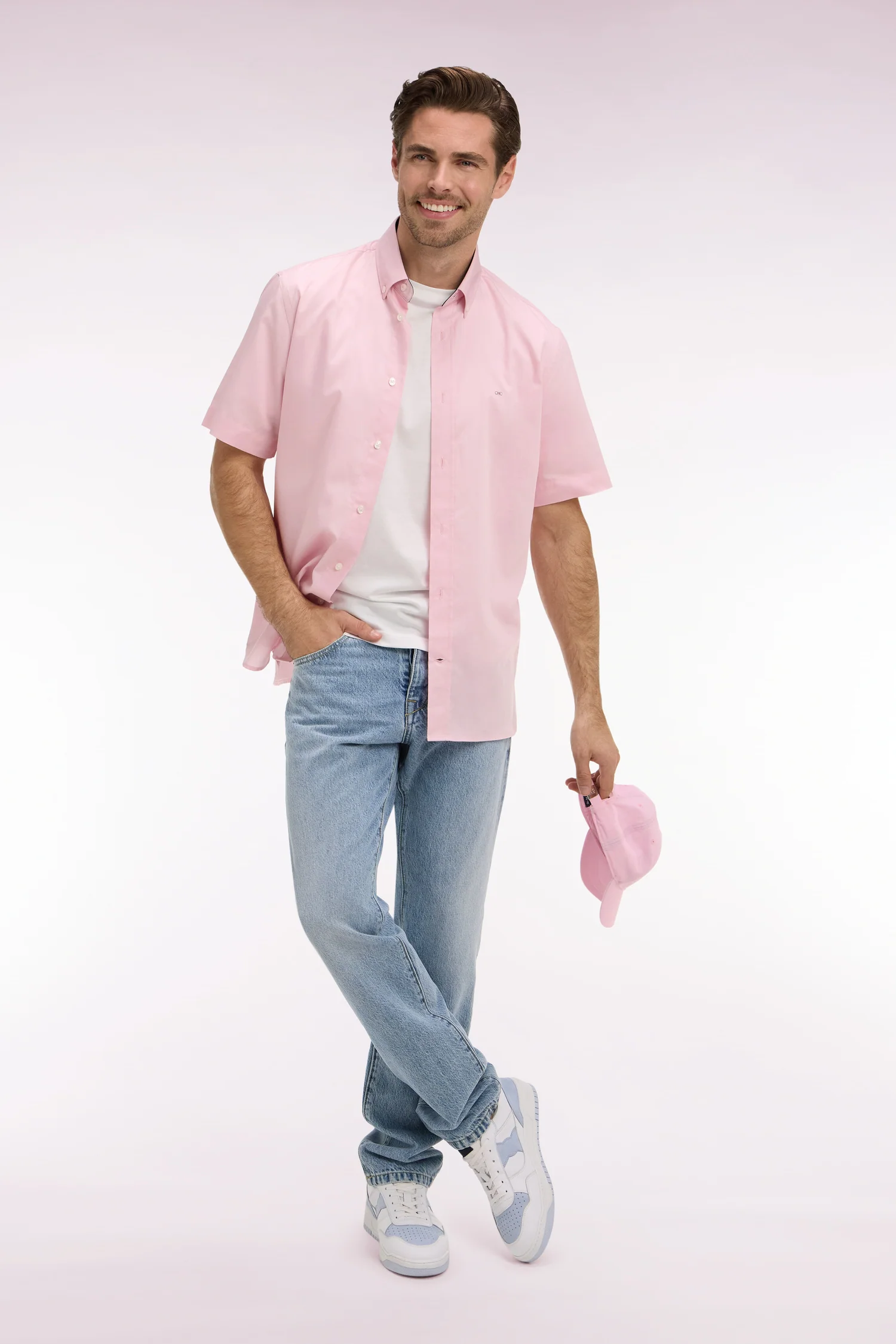 Chemise Ă manches courtes en coton rose broderie dos