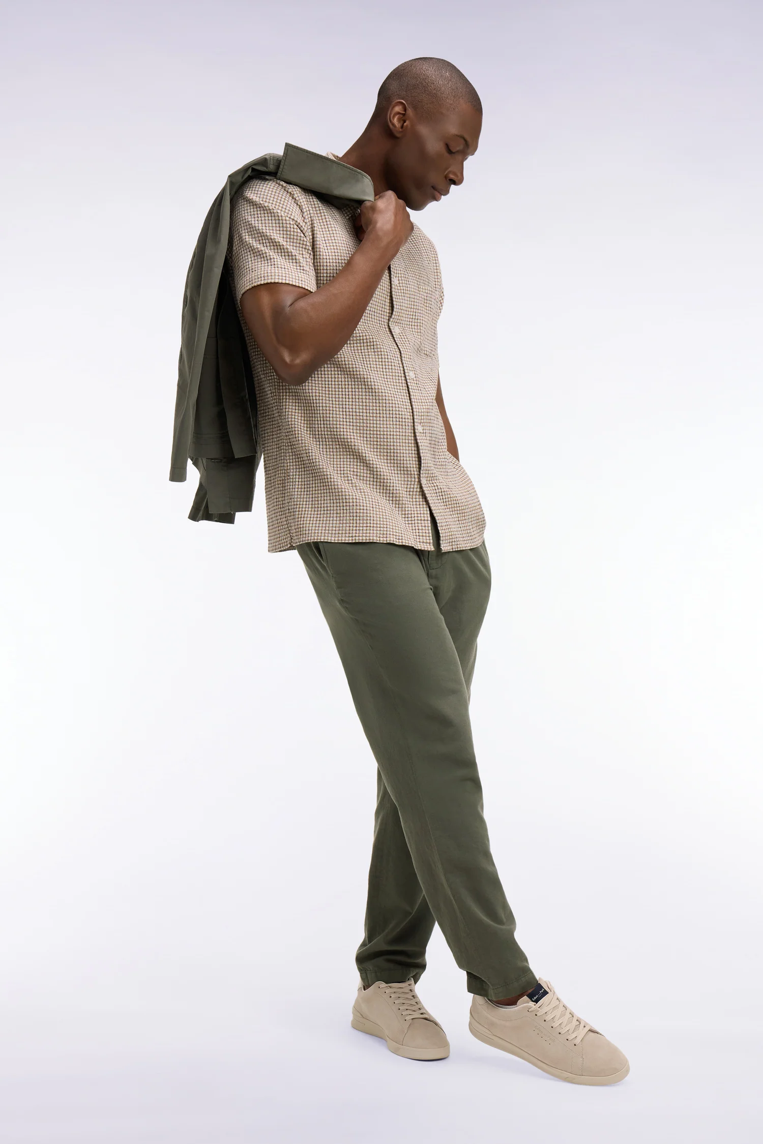 Chemise à manches courtes en coton seersucker à carreaux beige coupe slim