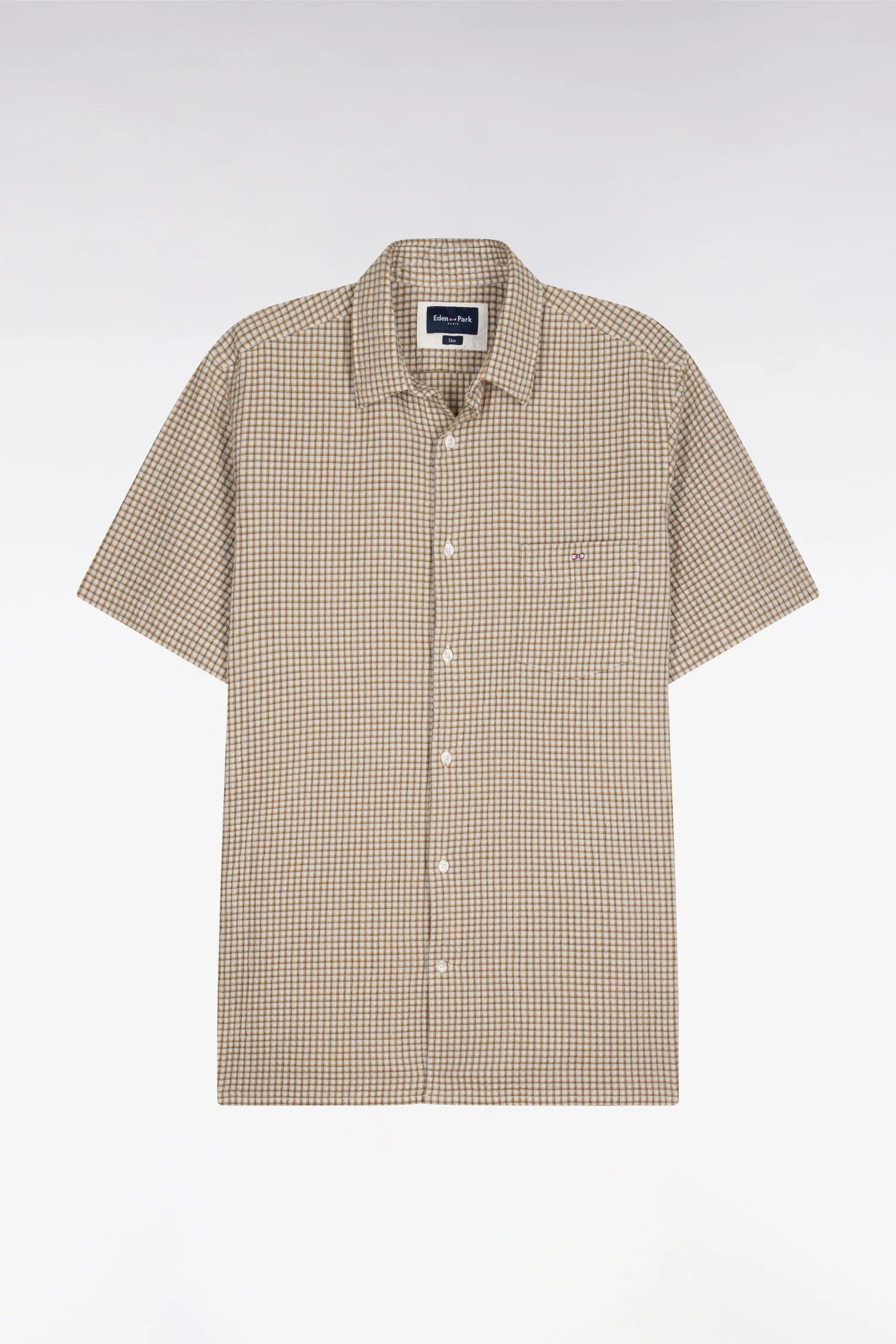 Chemise à manches courtes en coton seersucker à carreaux beige coupe slim - Image 2
