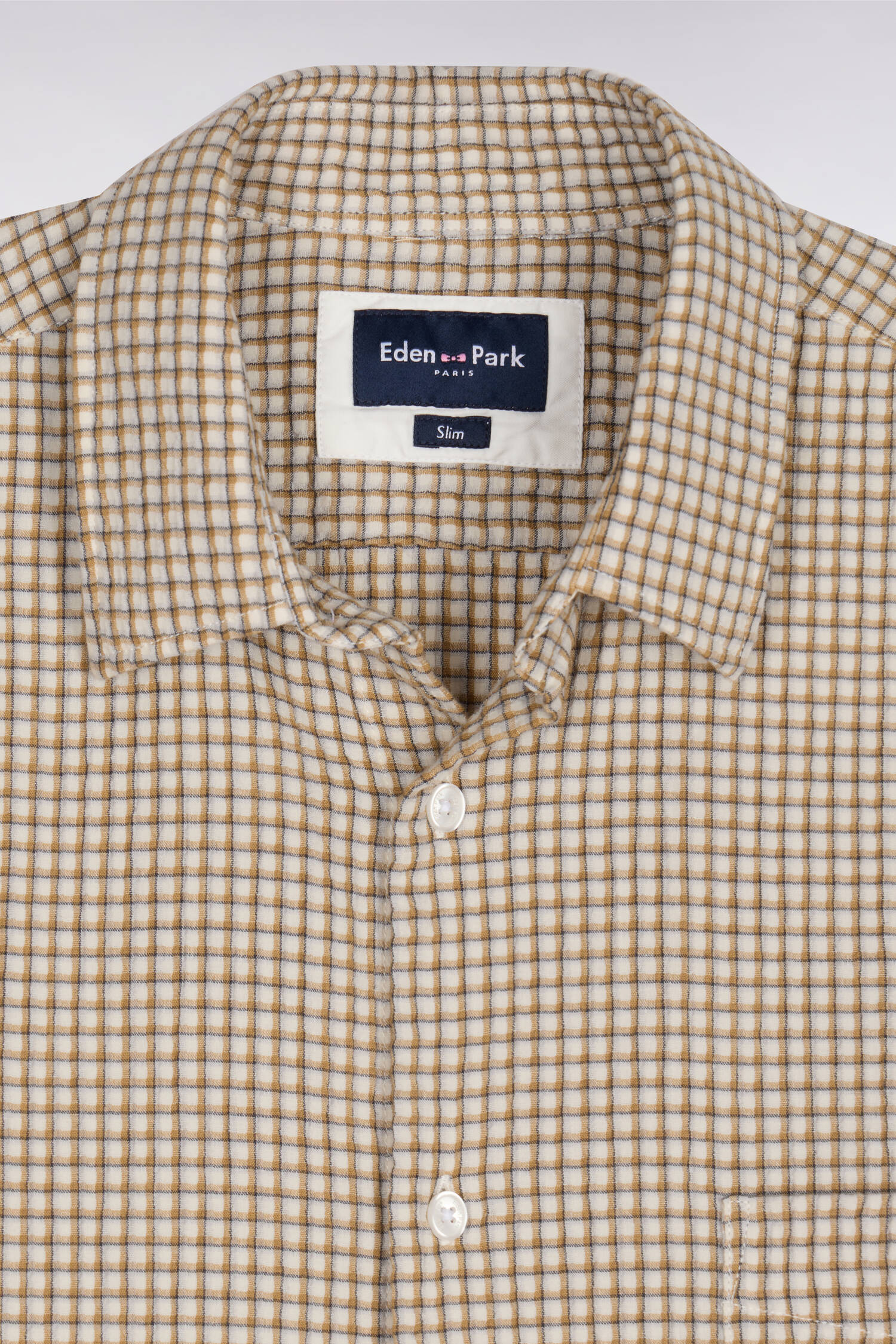 Chemise à manches courtes en coton seersucker à carreaux beige coupe slim - Image 6