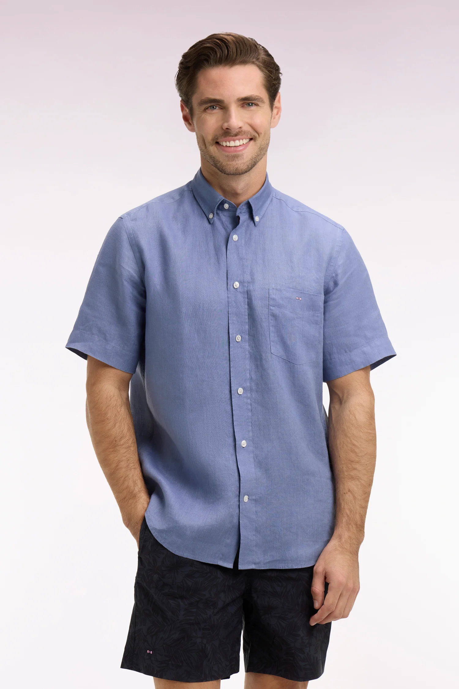 Chemise à manches courtes en lin bleu - Image 3