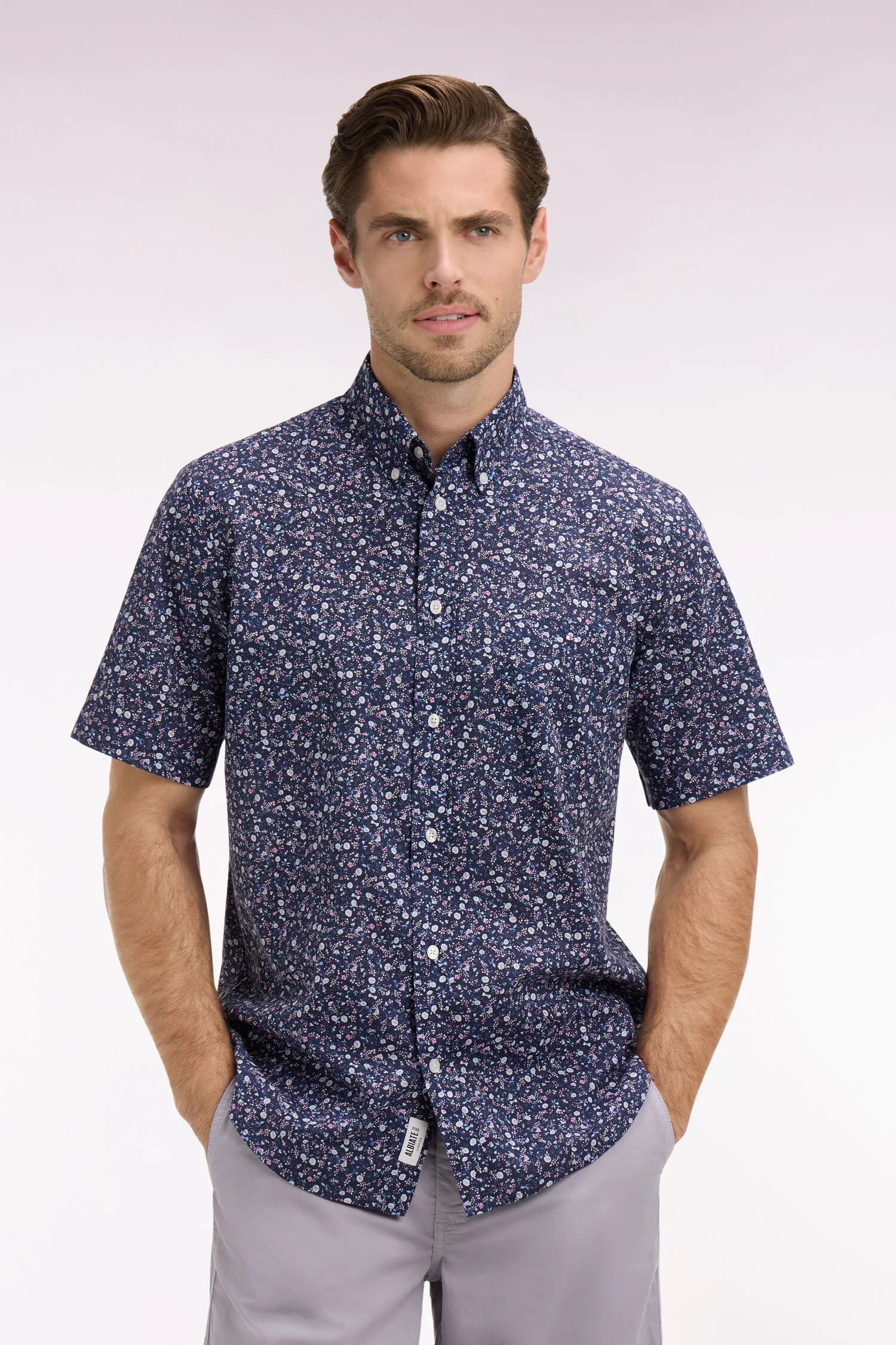 Chemise à manches courtes en popeline de coton à imprimé floral marine