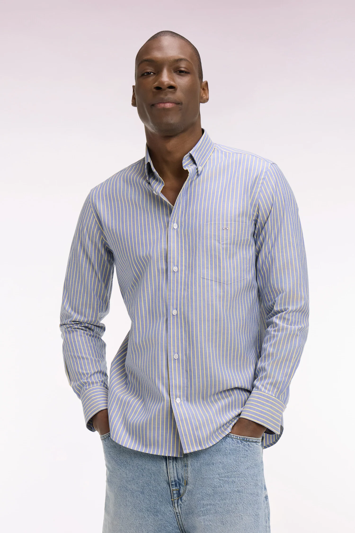 Chemise en coton pinpoint Ă rayures jaunes coupe regular - Image 3
