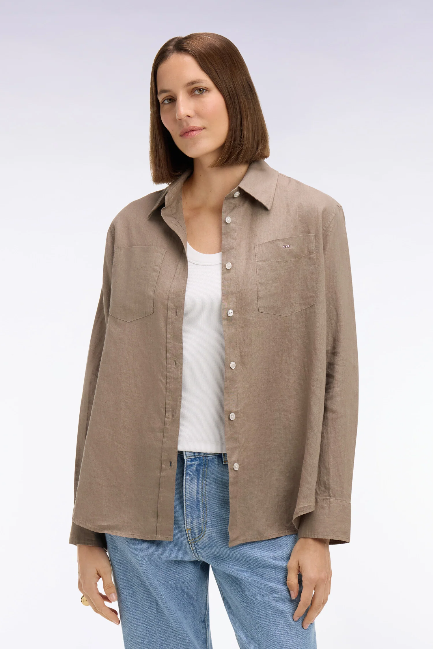 Chemise en lin beige à poches plaquées - Image 3