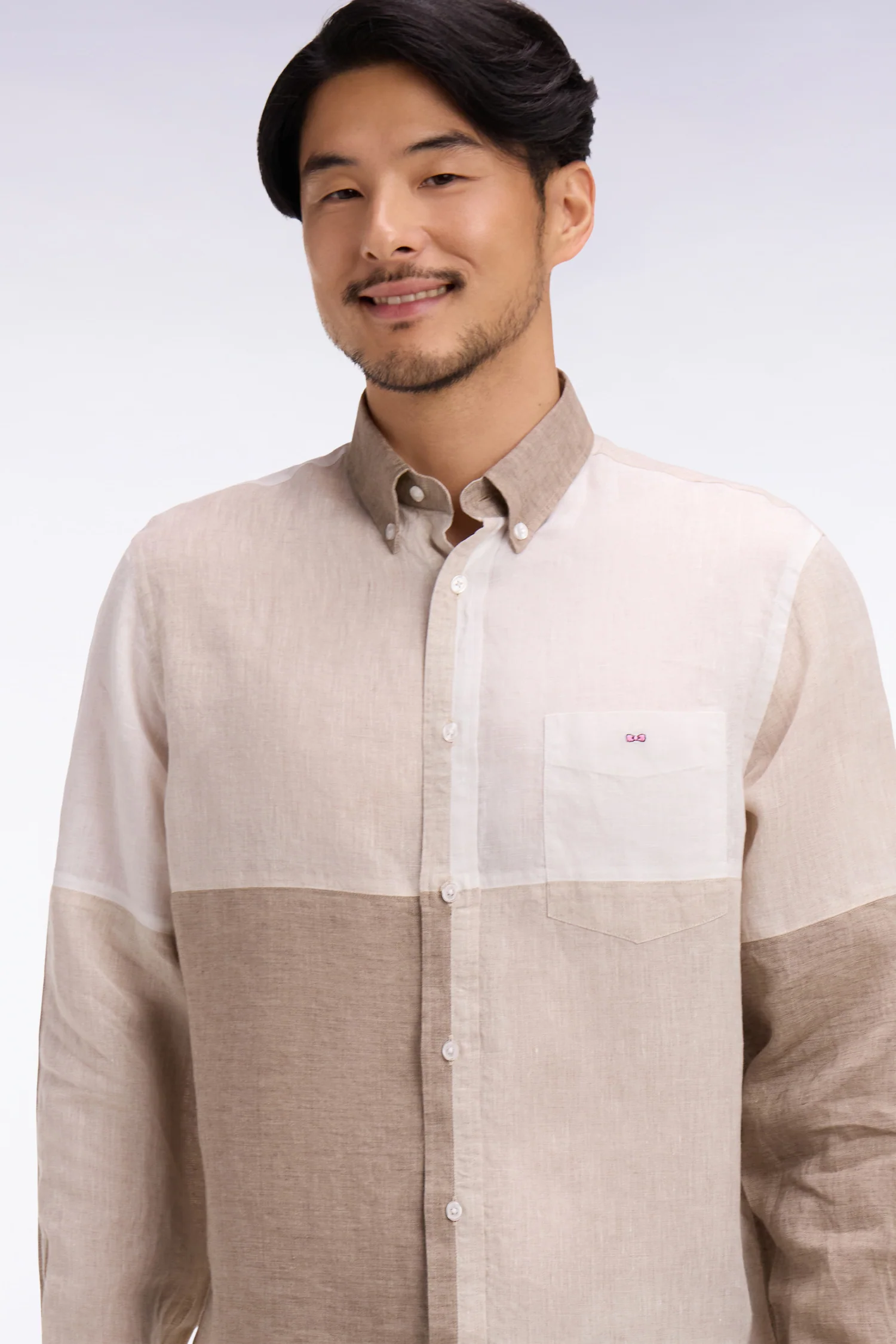 Chemise en lin beige colorblock coupe regular - Image 3