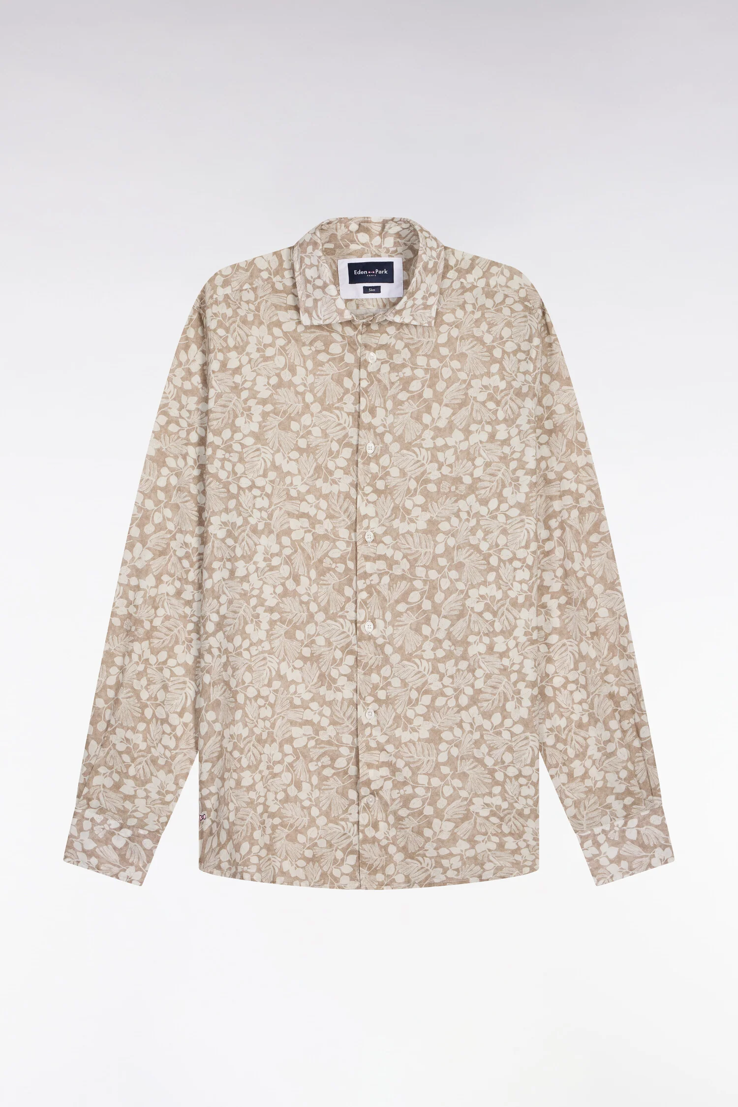 Chemise en popeline de coton beige à micromotifs végétal coupe slim - Image 2