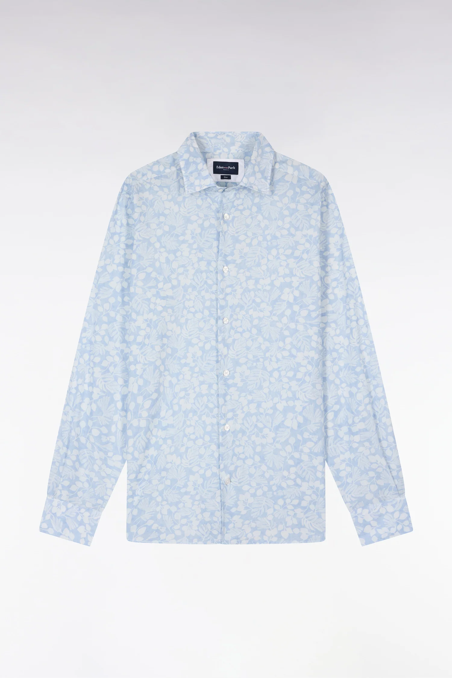 Chemise en popeline de coton bleu ciel à micromotifs végétal coupe slim - Image 2