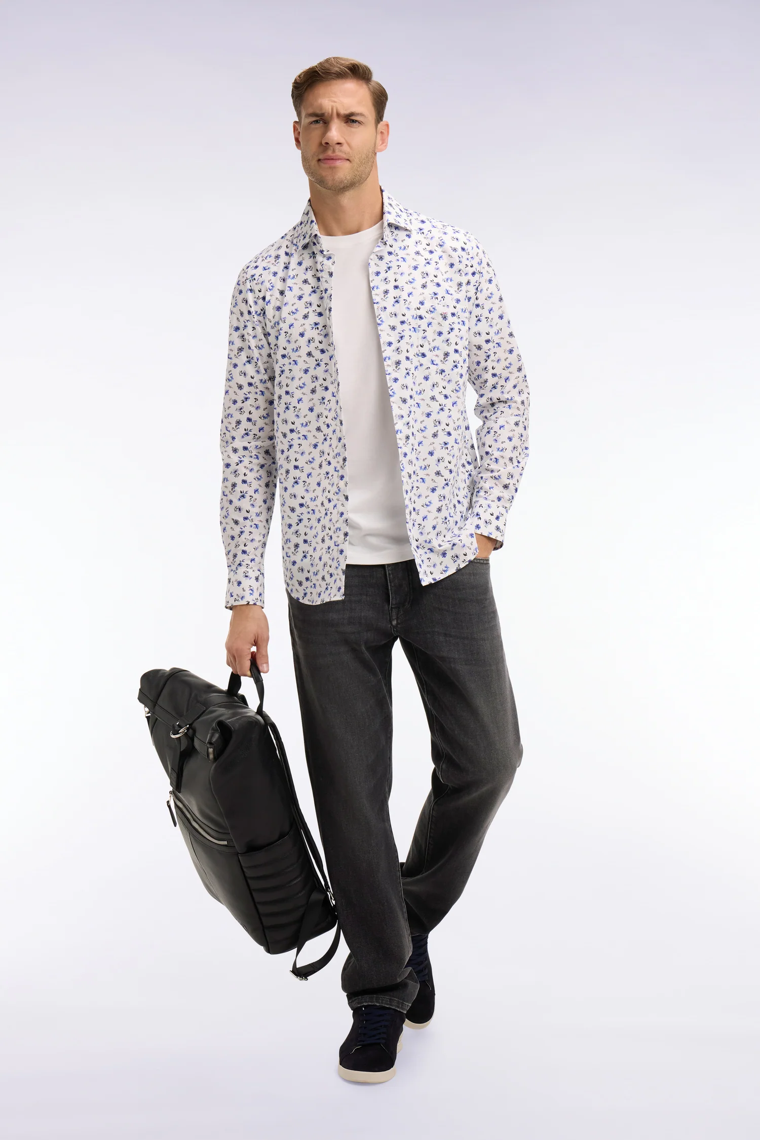 Chemise en popeline de coton imprimé floral bleu coupe slim