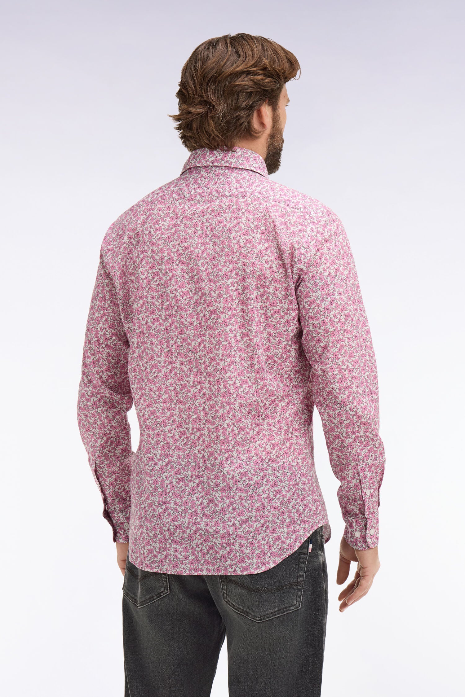Chemise en popeline de coton rose à micromotifs floral coupe slim - Image 5
