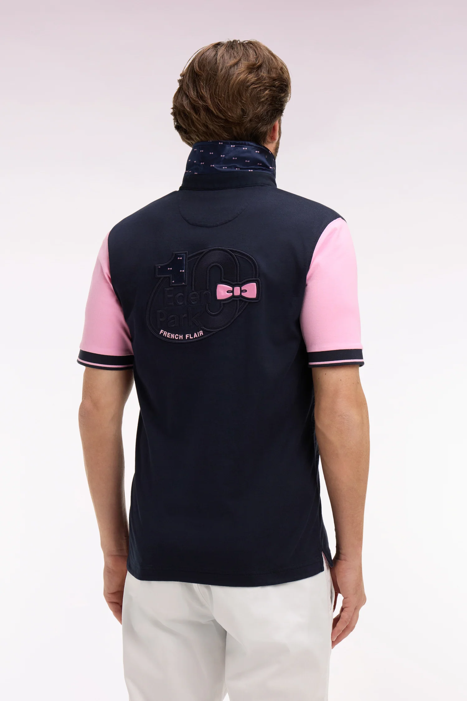 Maillot à manches courtes en coton rose et marine coupe regular broderie dos - Image 5