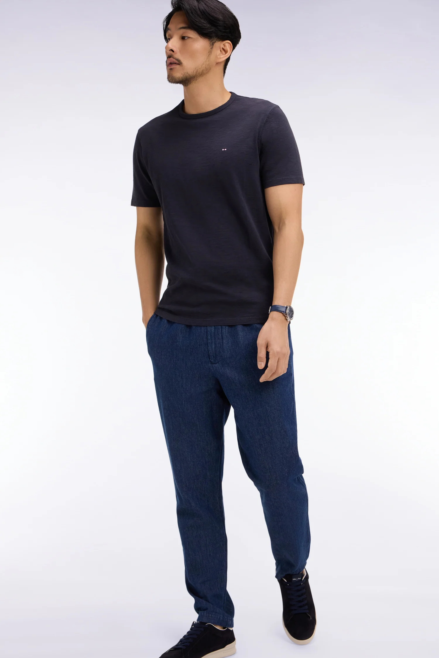 Pantalon taille élastiquée en chambray bleu coupe Modern