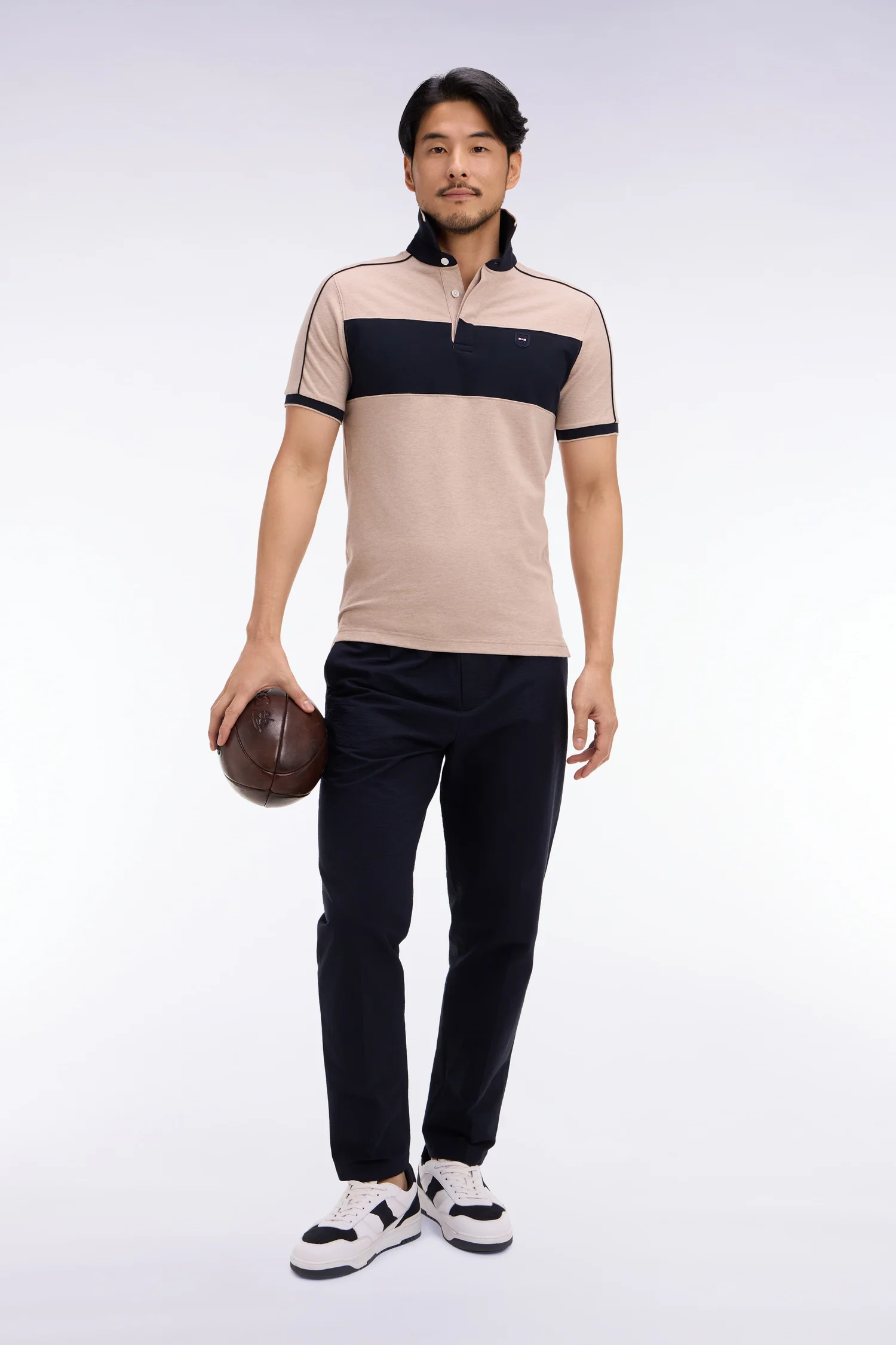 Polo à manches courtes en coton stretch marine et beige coupe slim