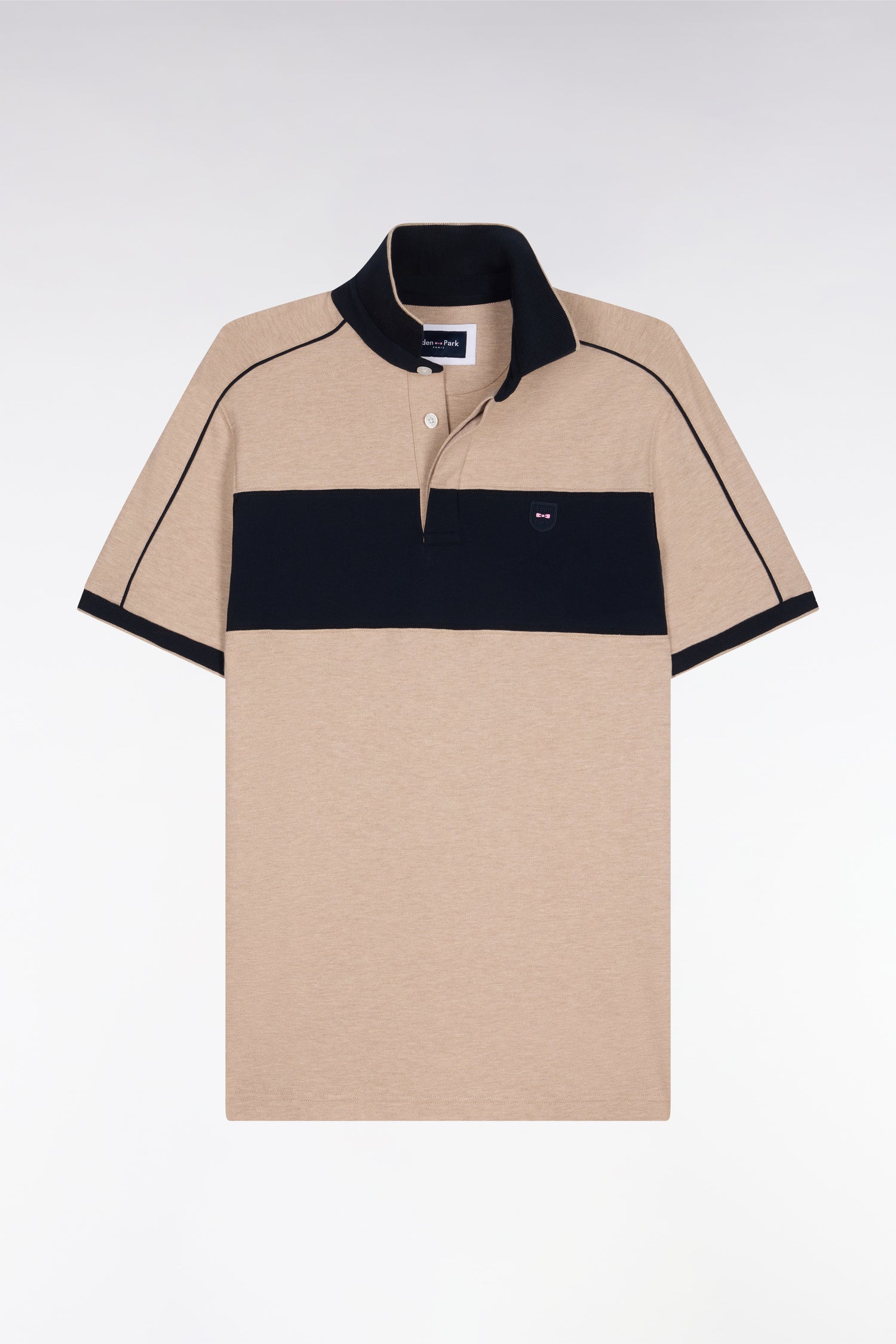 Polo à manches courtes en coton stretch marine et beige coupe slim - Image 2