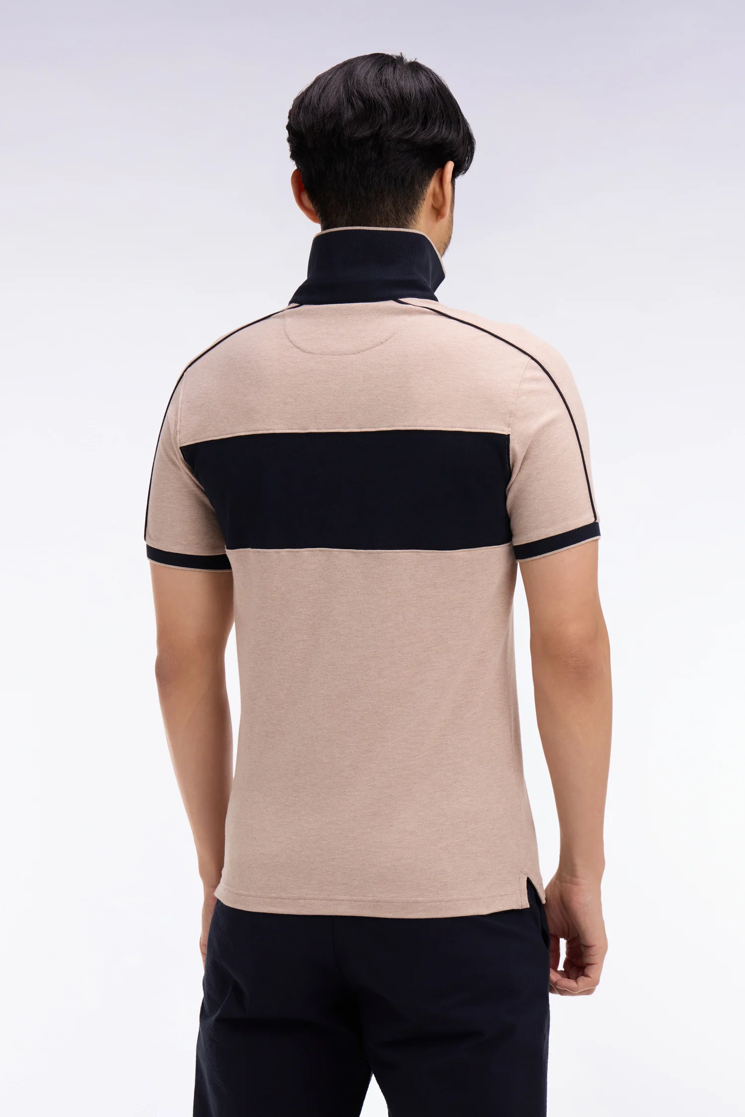 Polo à manches courtes en coton stretch marine et beige coupe slim - Image 5