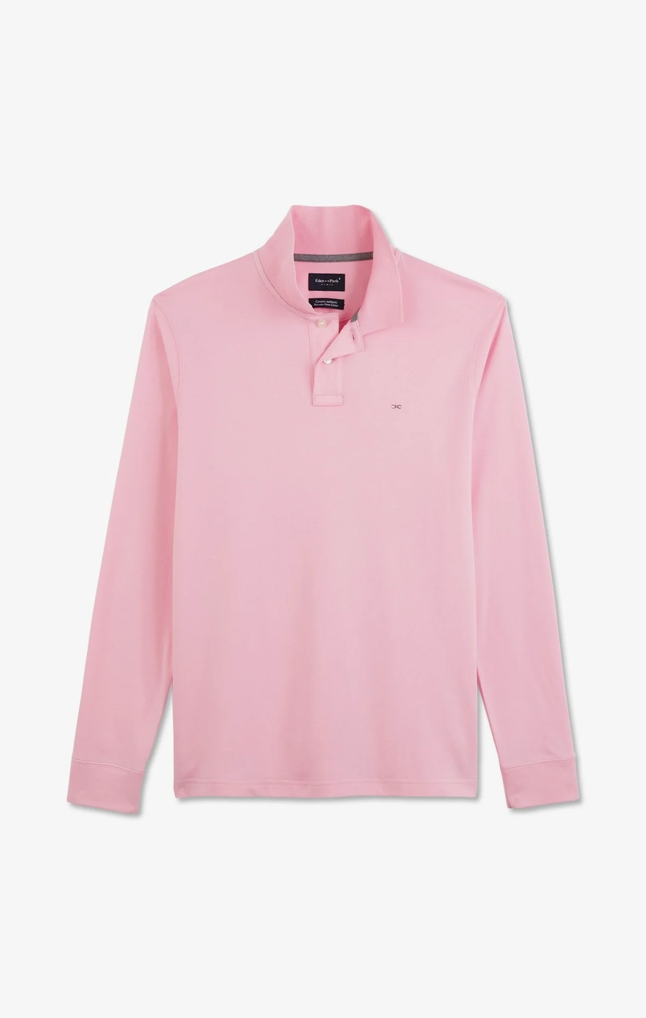 Polo manches longues rose uni en piqué de coton stretch - Image 2