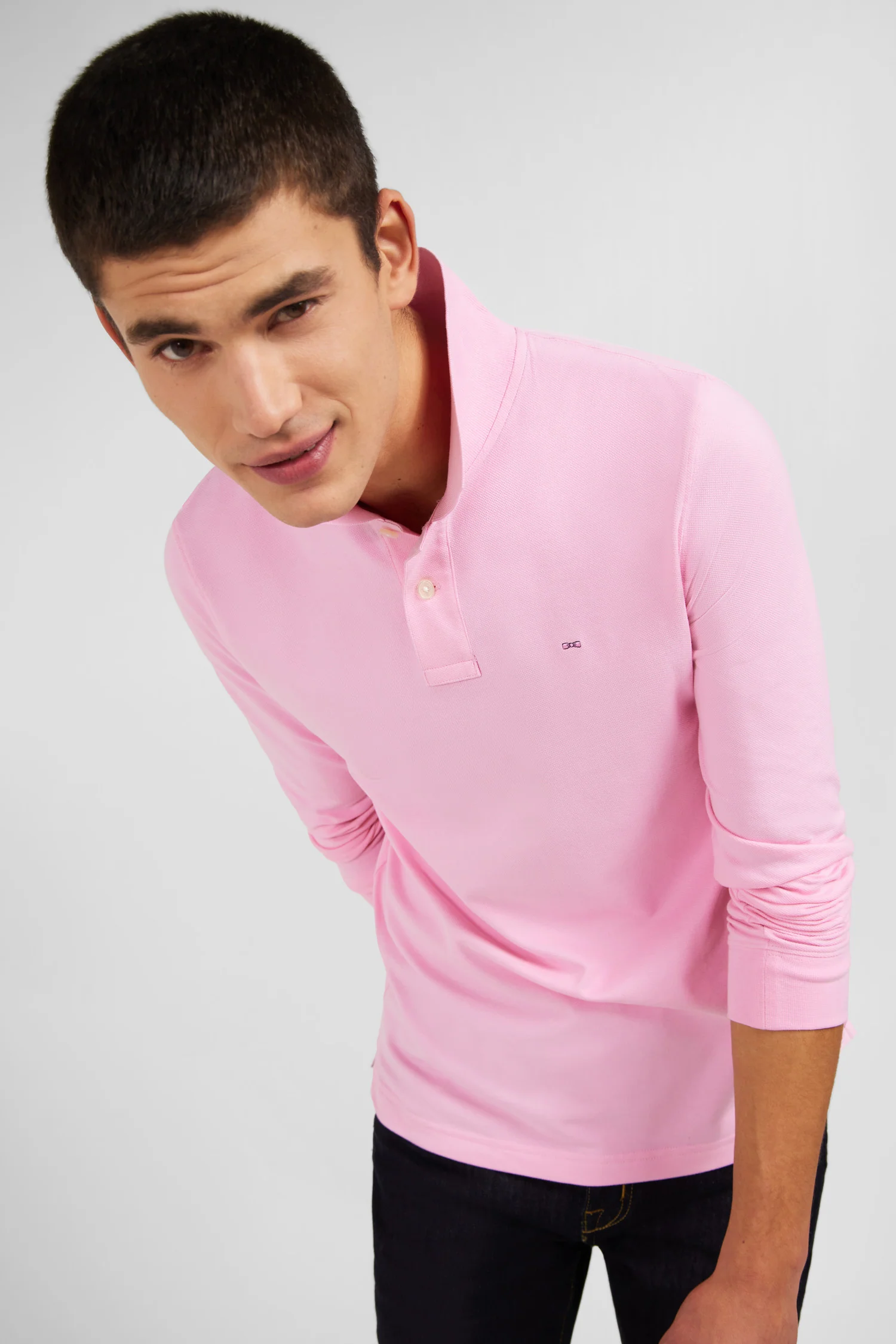 Polo manches longues rose uni en piqué de coton stretch - Image 3