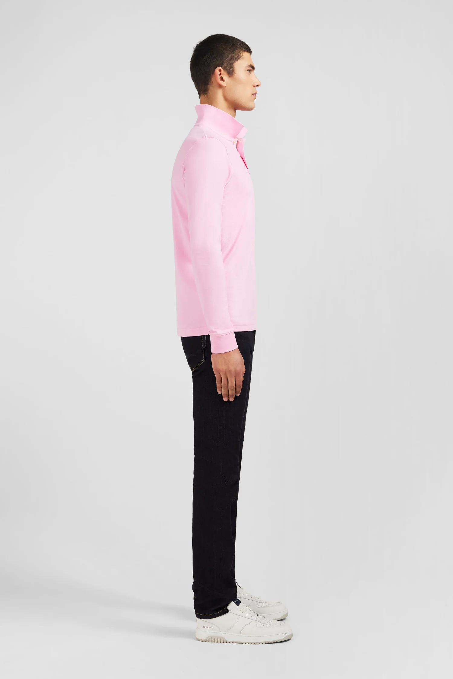 Polo manches longues rose uni en piqué de coton stretch - Image 5