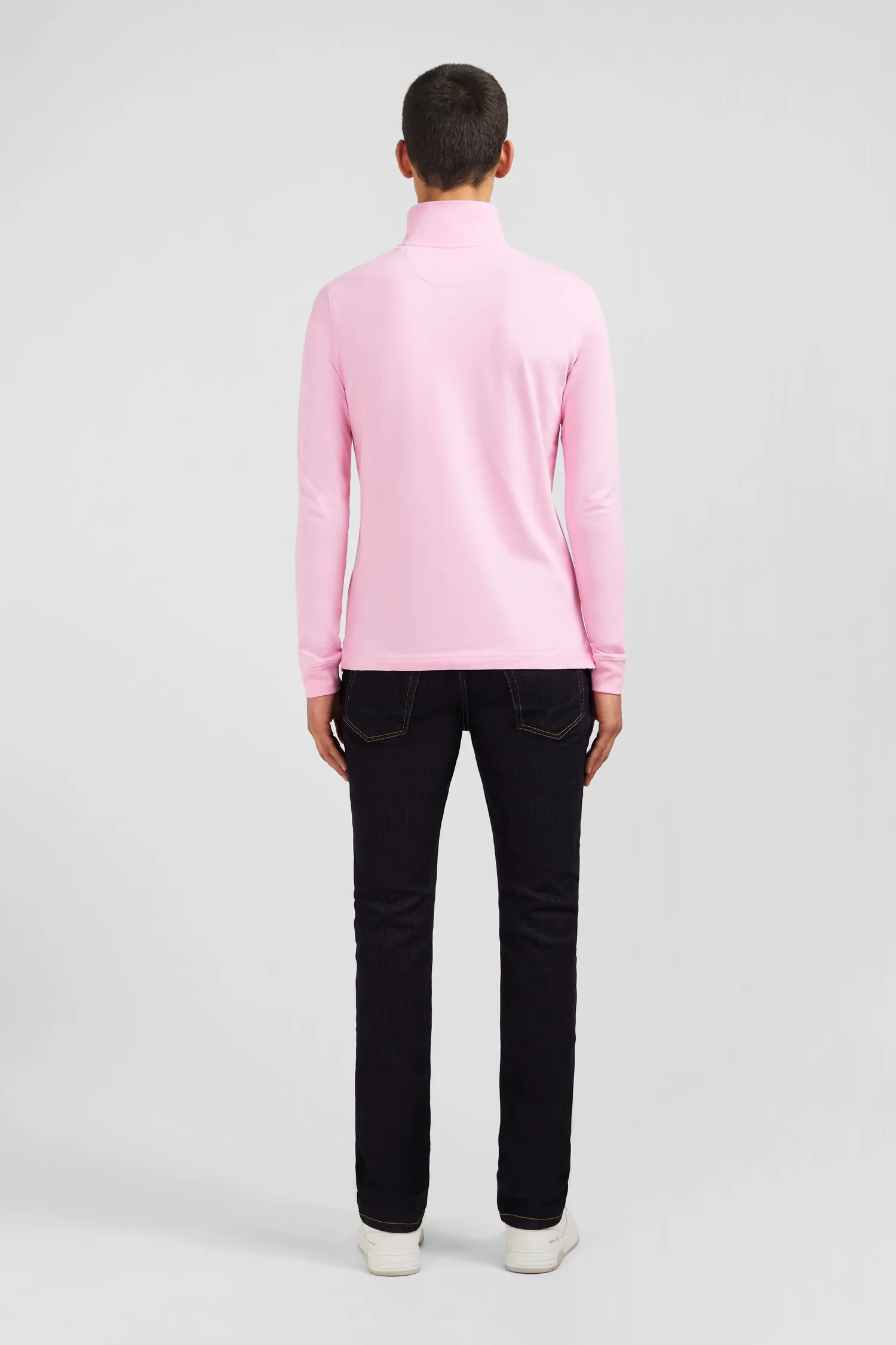 Polo manches longues rose uni en piqué de coton stretch - Image 6