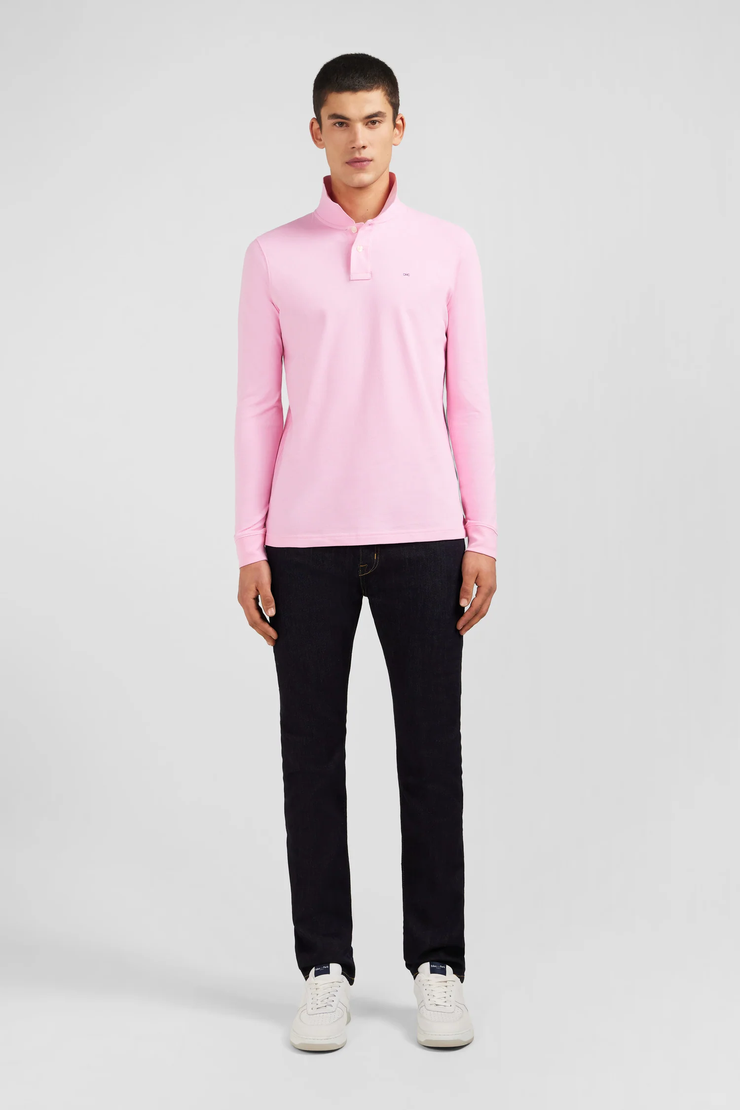 Polo manches longues rose uni en piqué de coton stretch - Image 7