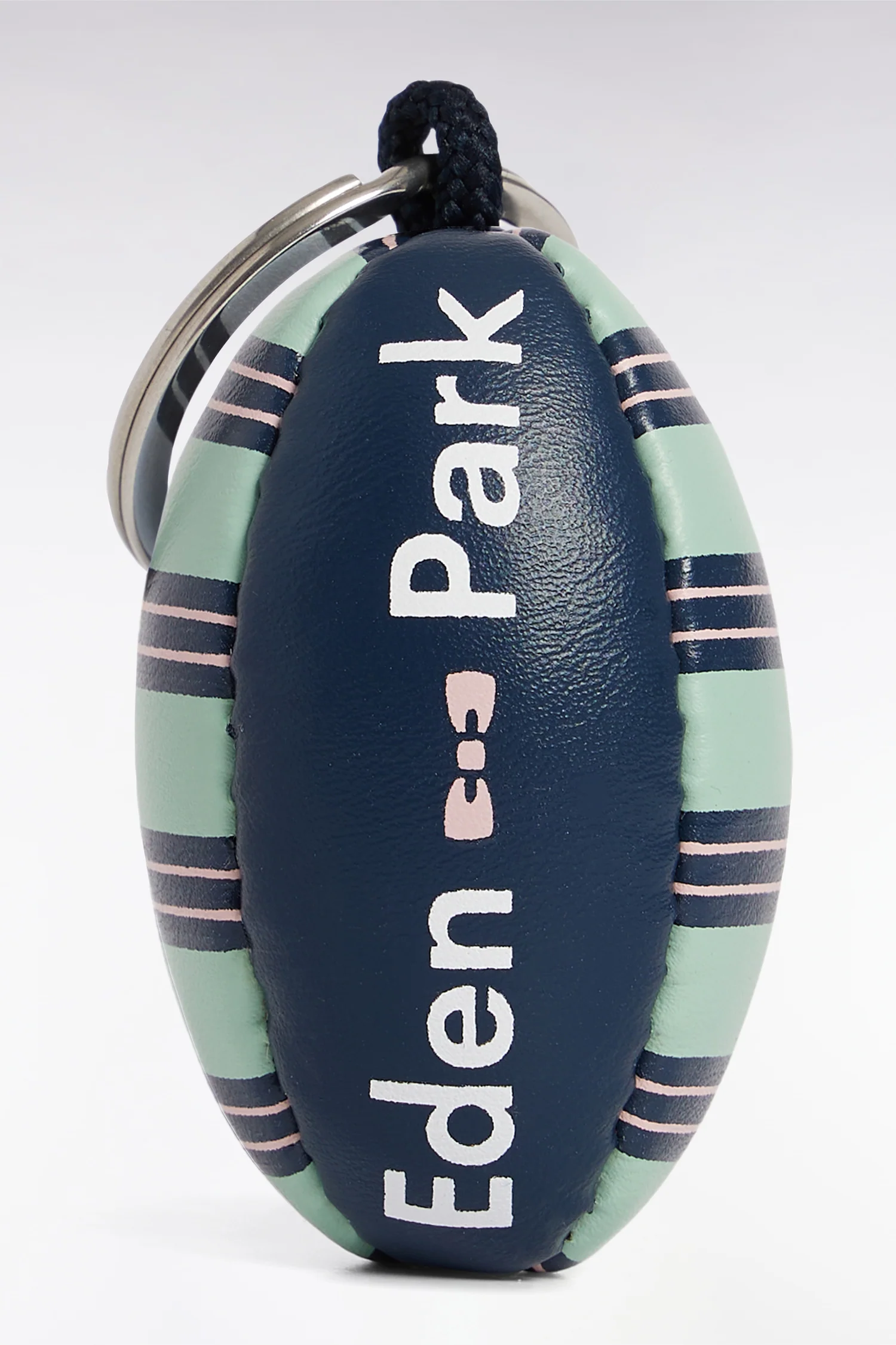Porte-clés ballon de rugby à rayures vert d'eau et marine