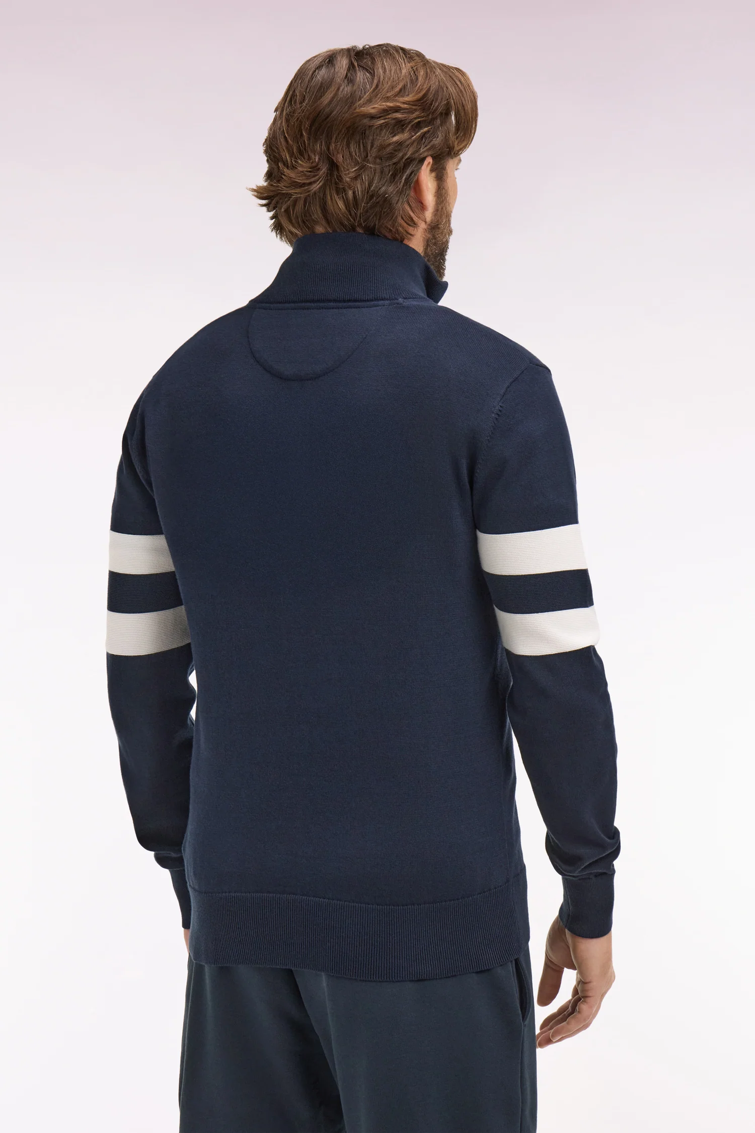 Pull col maillot en coton marine à double rayures manches - Image 5