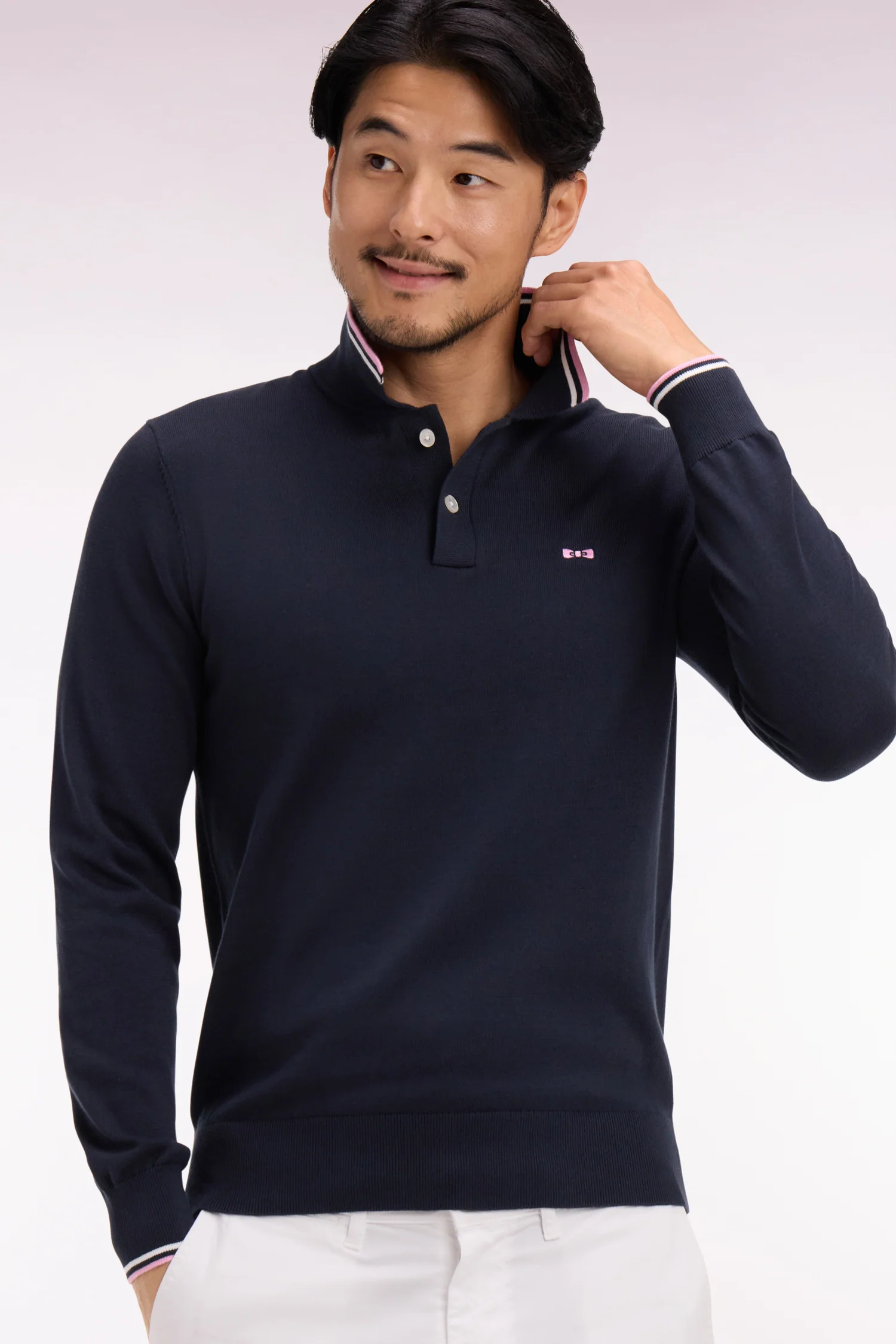 Pull col polo en coton marine Ă rayures fines