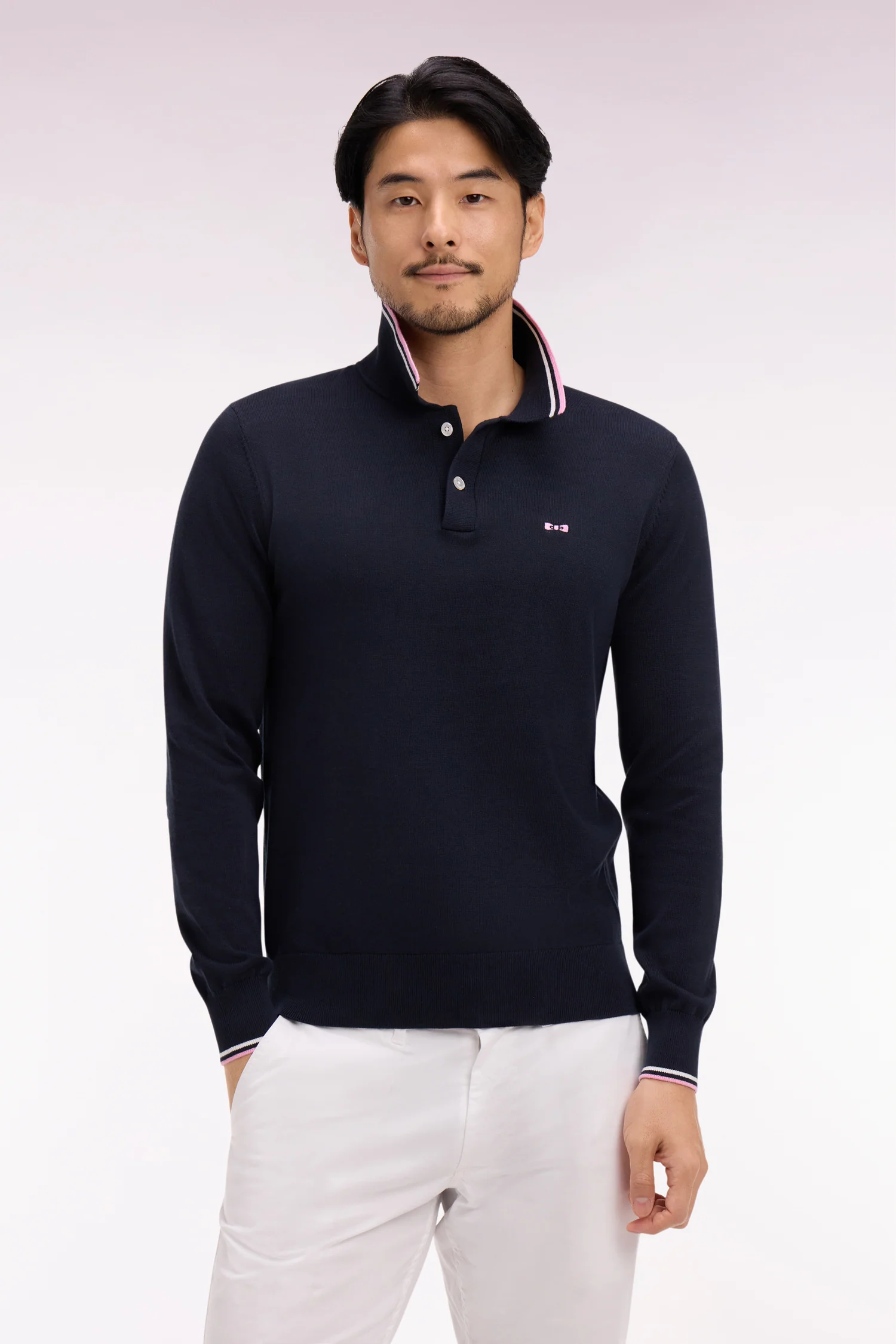 Pull col polo en coton marine Ă rayures fines - Image 3