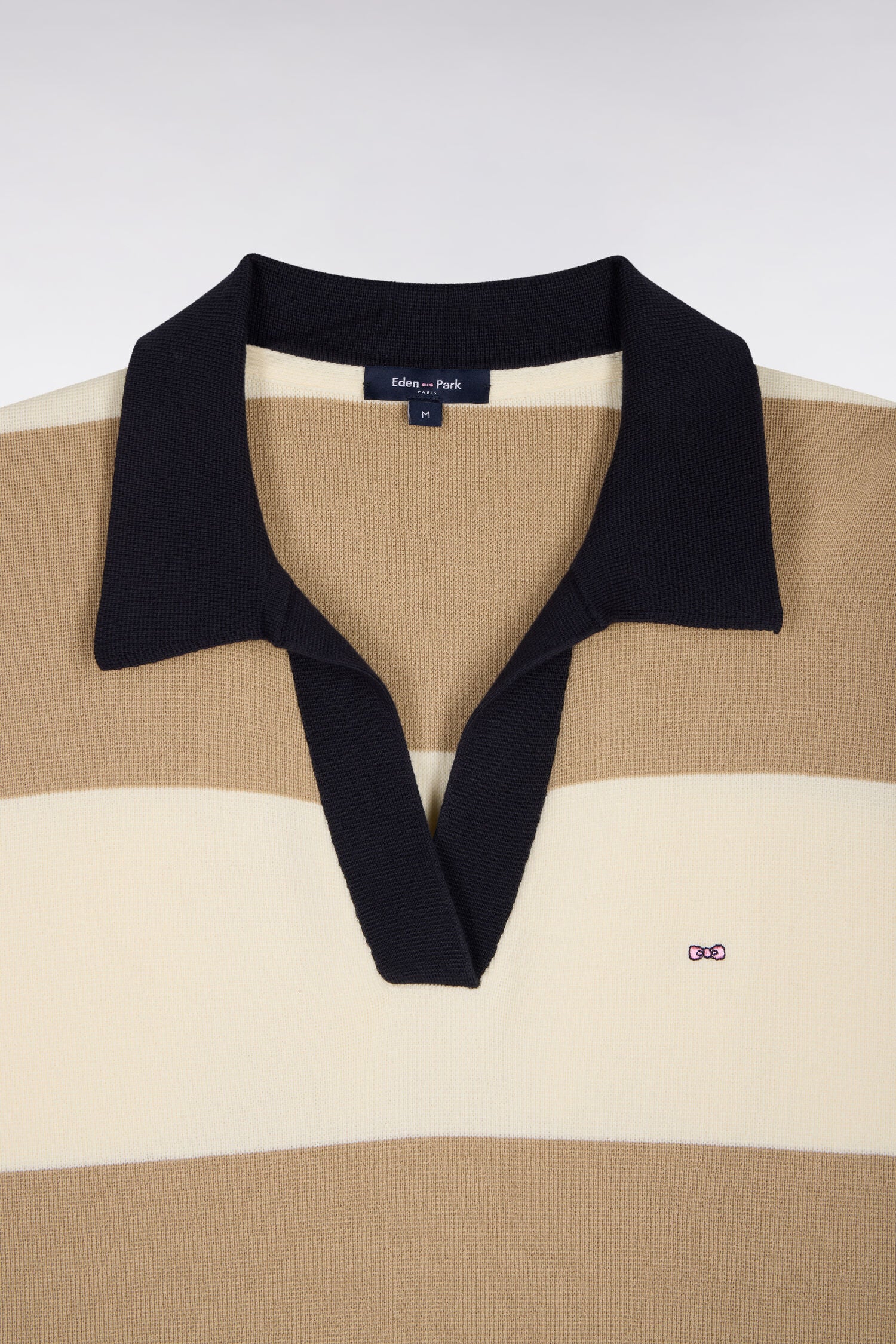 Pull col polo en coton rayé beige et écru coupe oversized - Image 6