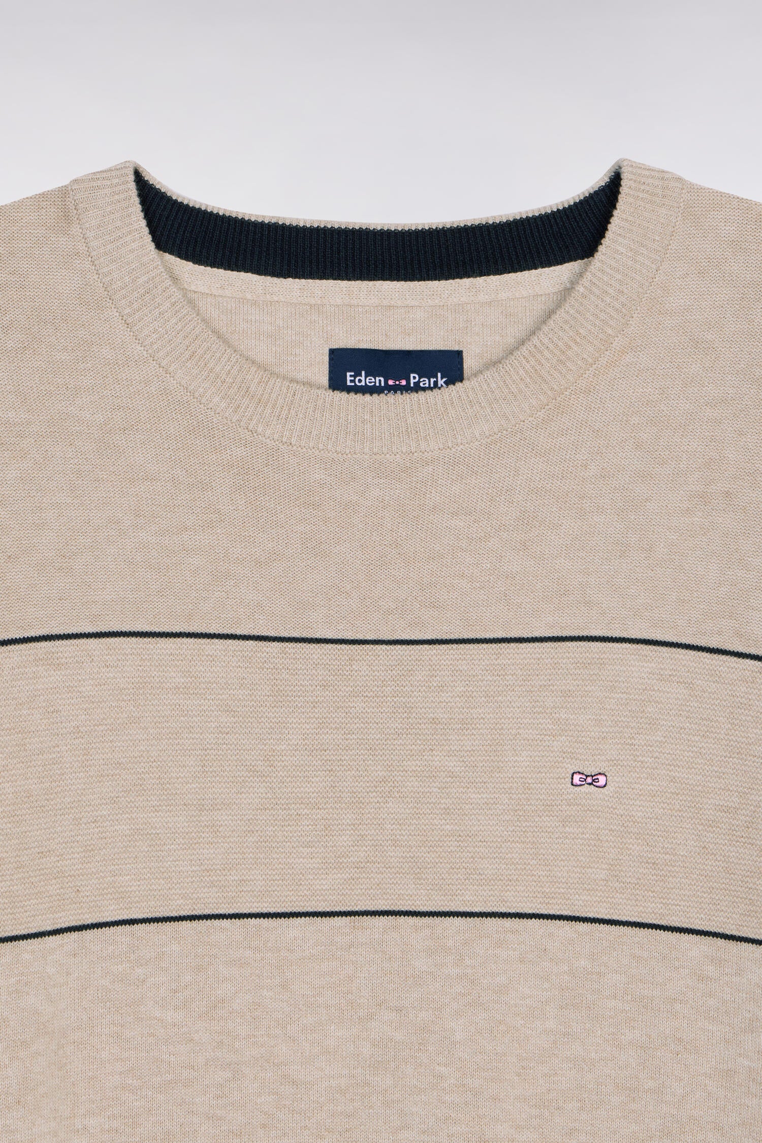 Pull col rond en coton beige rayé - Image 6
