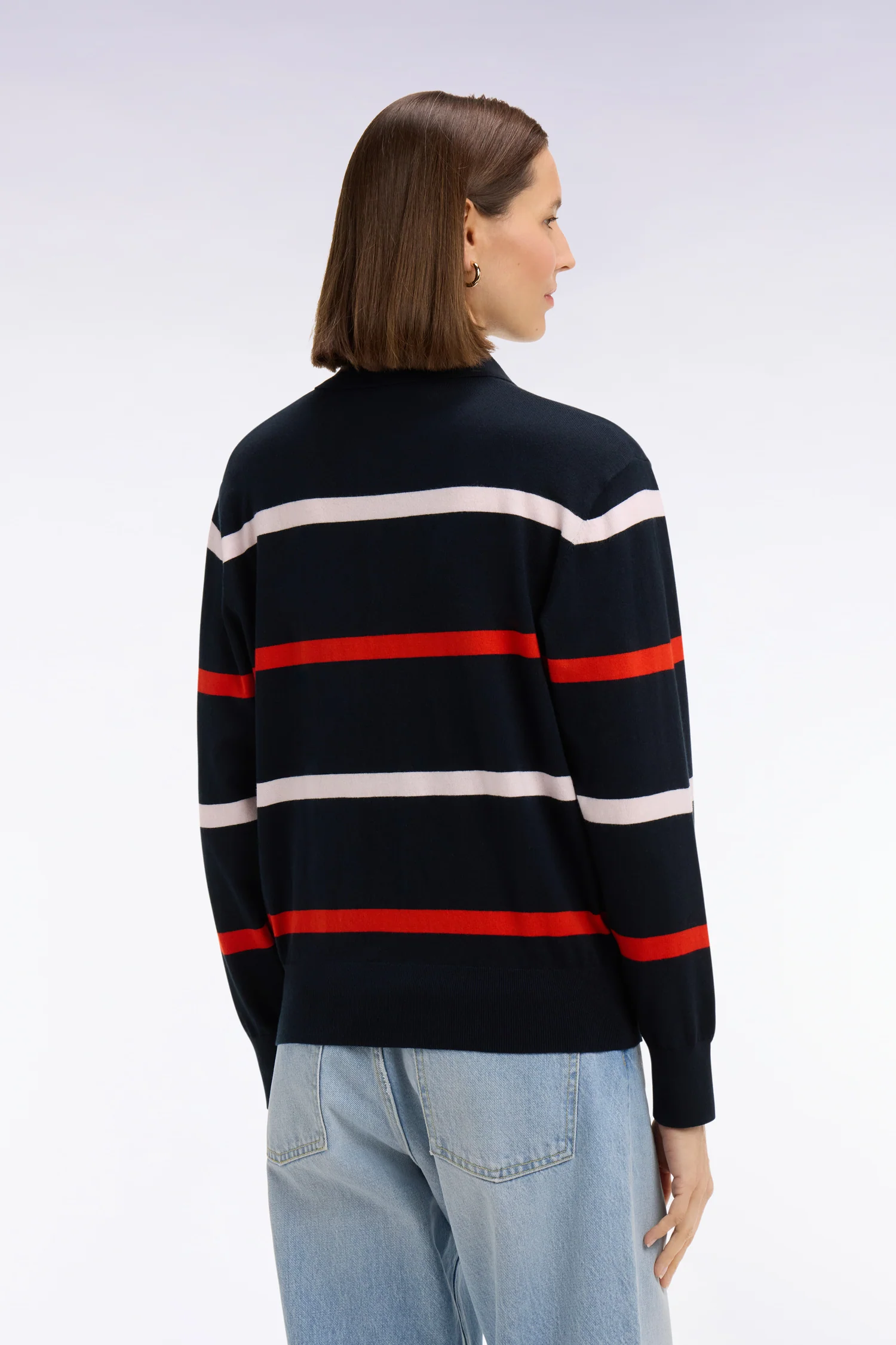 Pull maillot rayé en coton et soie mélangés marine - Image 5