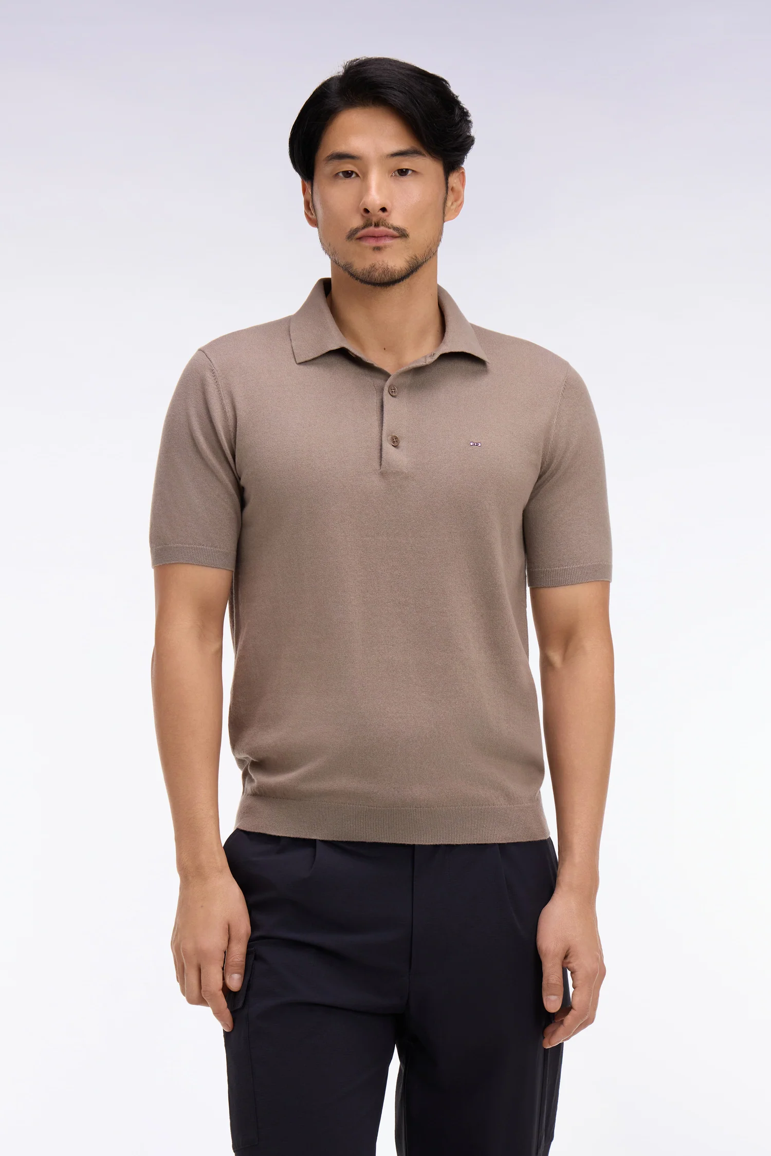 Pull manches courtes col polo en coton et soie mélangés beige - Image 3