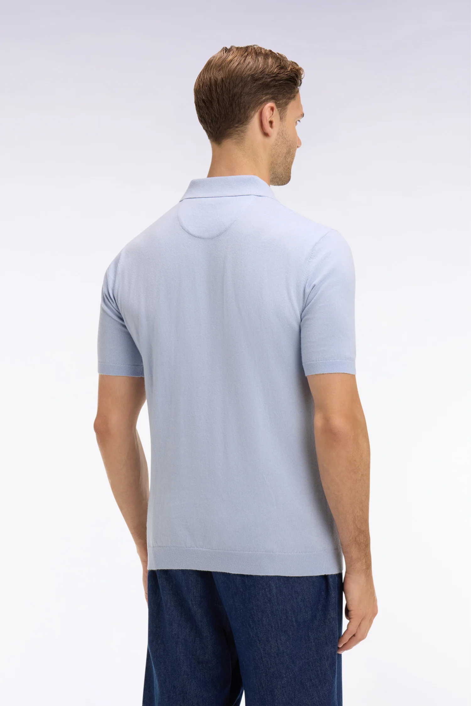 Pull manches courtes col polo en coton et soie mélangés bleu ciel - Image 5