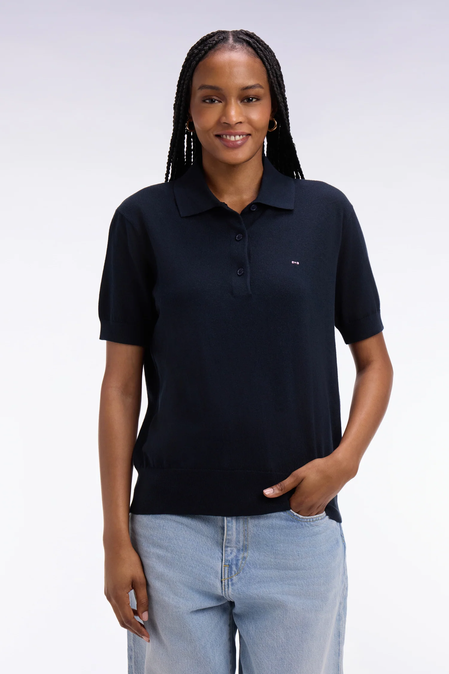Pull polo à manches courtes en coton et soie mélangés marine coupe regular - Image 3
