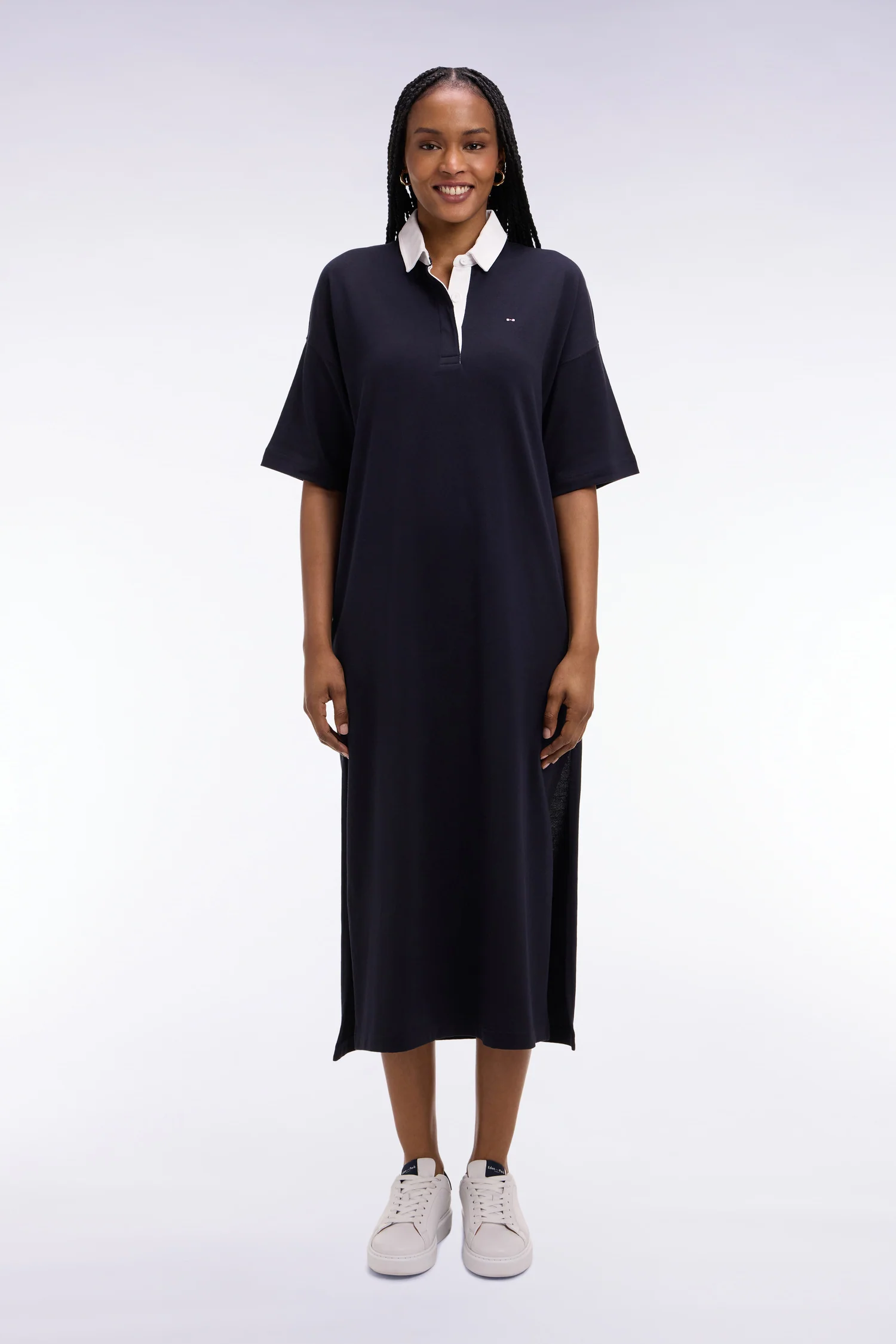 Robe polo en coton marine à col blanc - Image 3