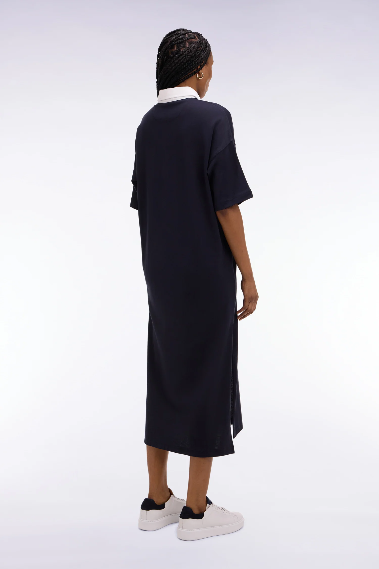 Robe polo en coton marine à col blanc - Image 5