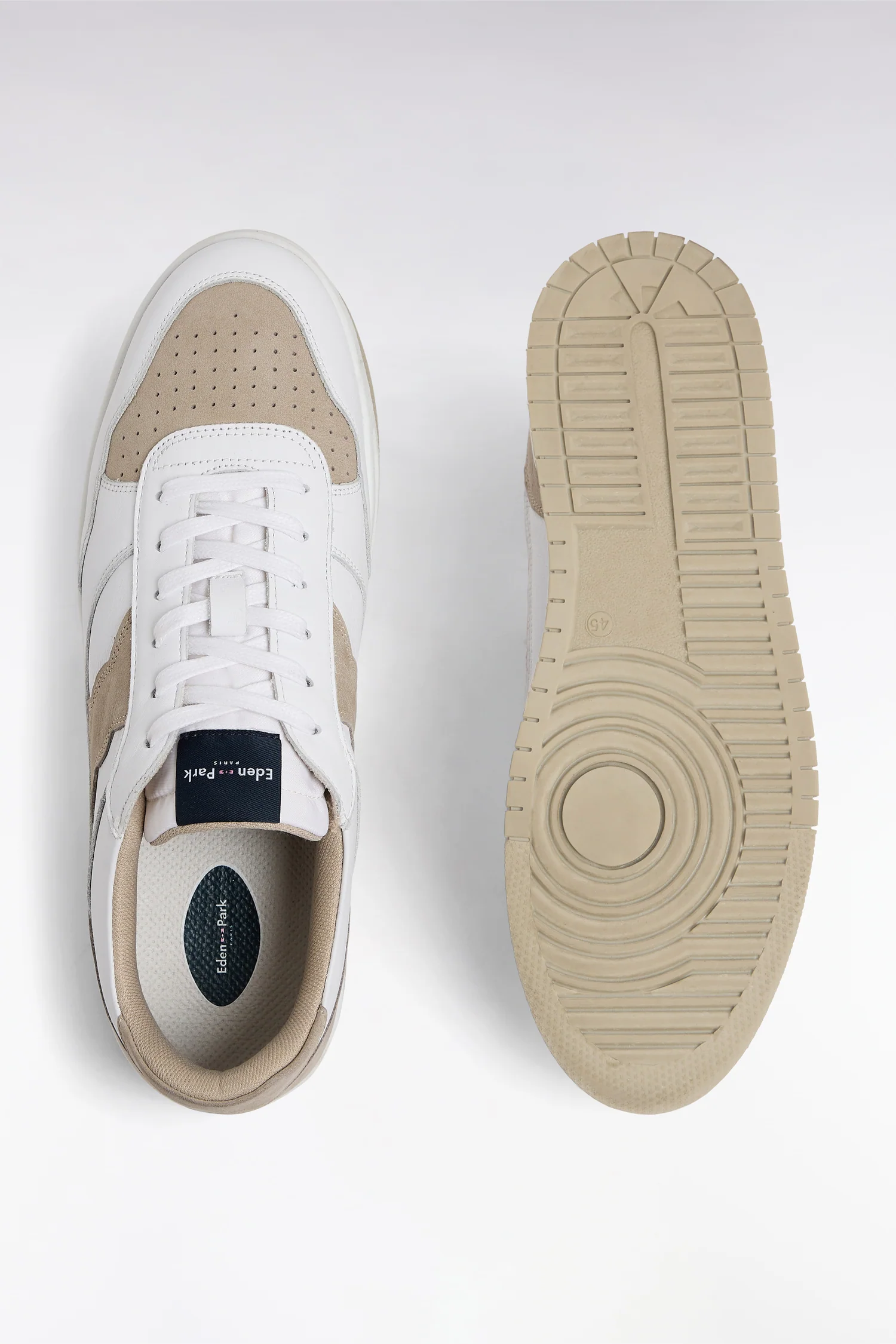 Sneakers bicolores en cuir lisse blanc et cuir suédé beige - Image 3