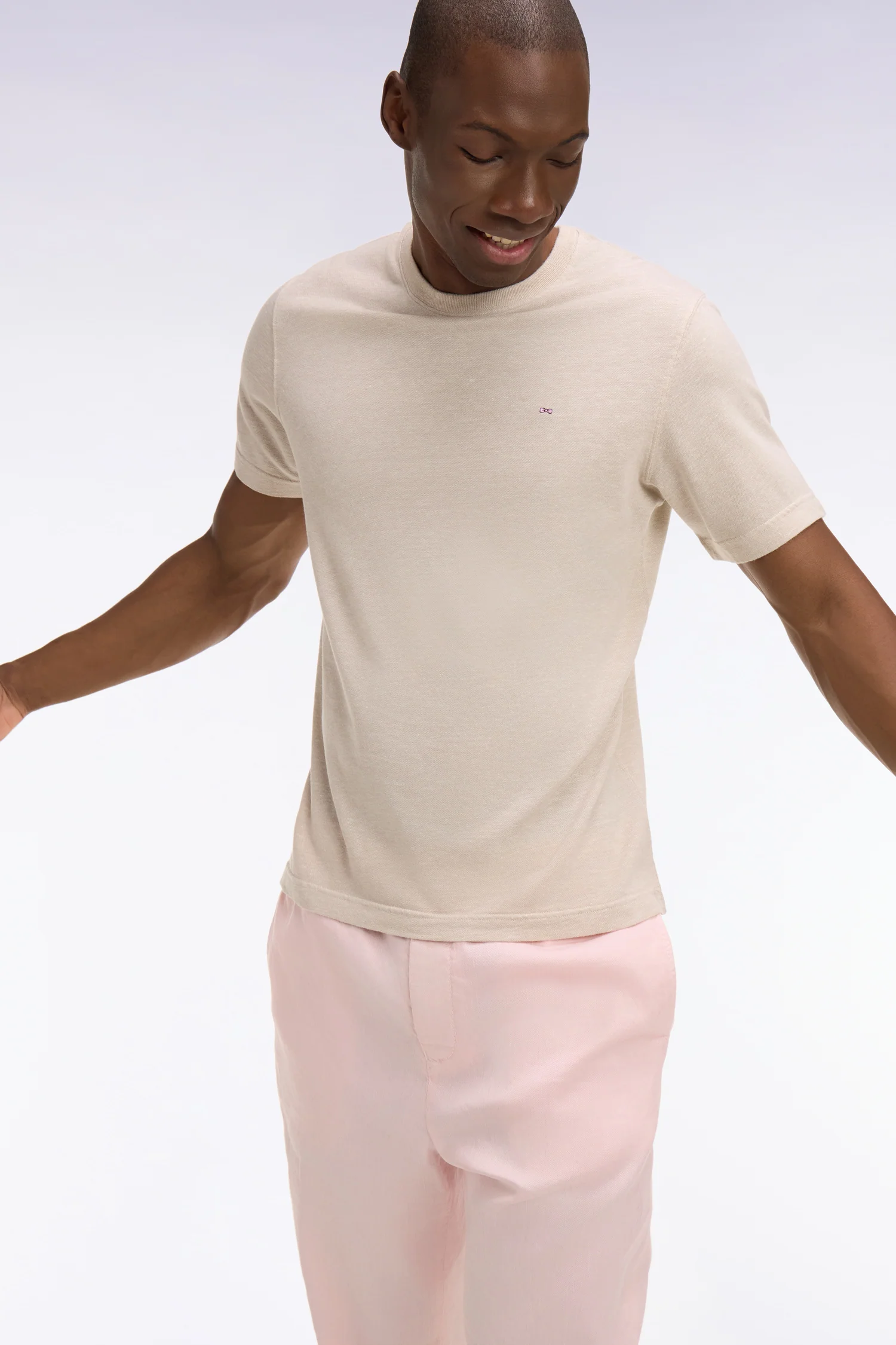T-shirt Ă manches courtes en coton et lin beige coupe regular