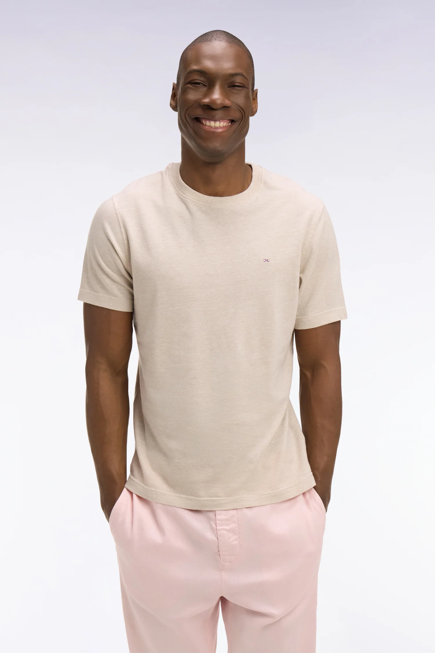 T-shirt Ă manches courtes en coton et lin beige coupe regular - Image 3