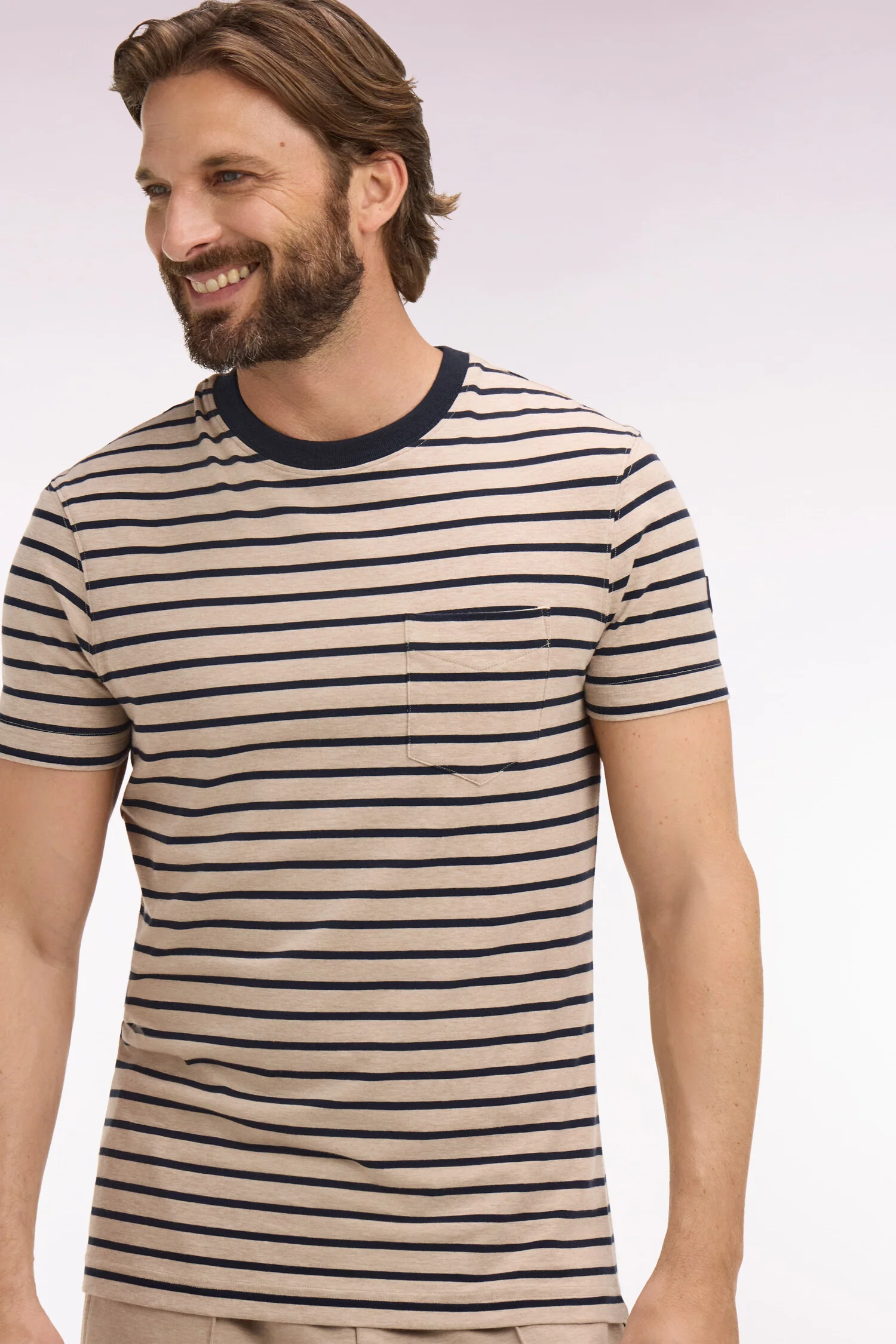T-shirt à manches courtes en coton stretch rayé beige coupe slim