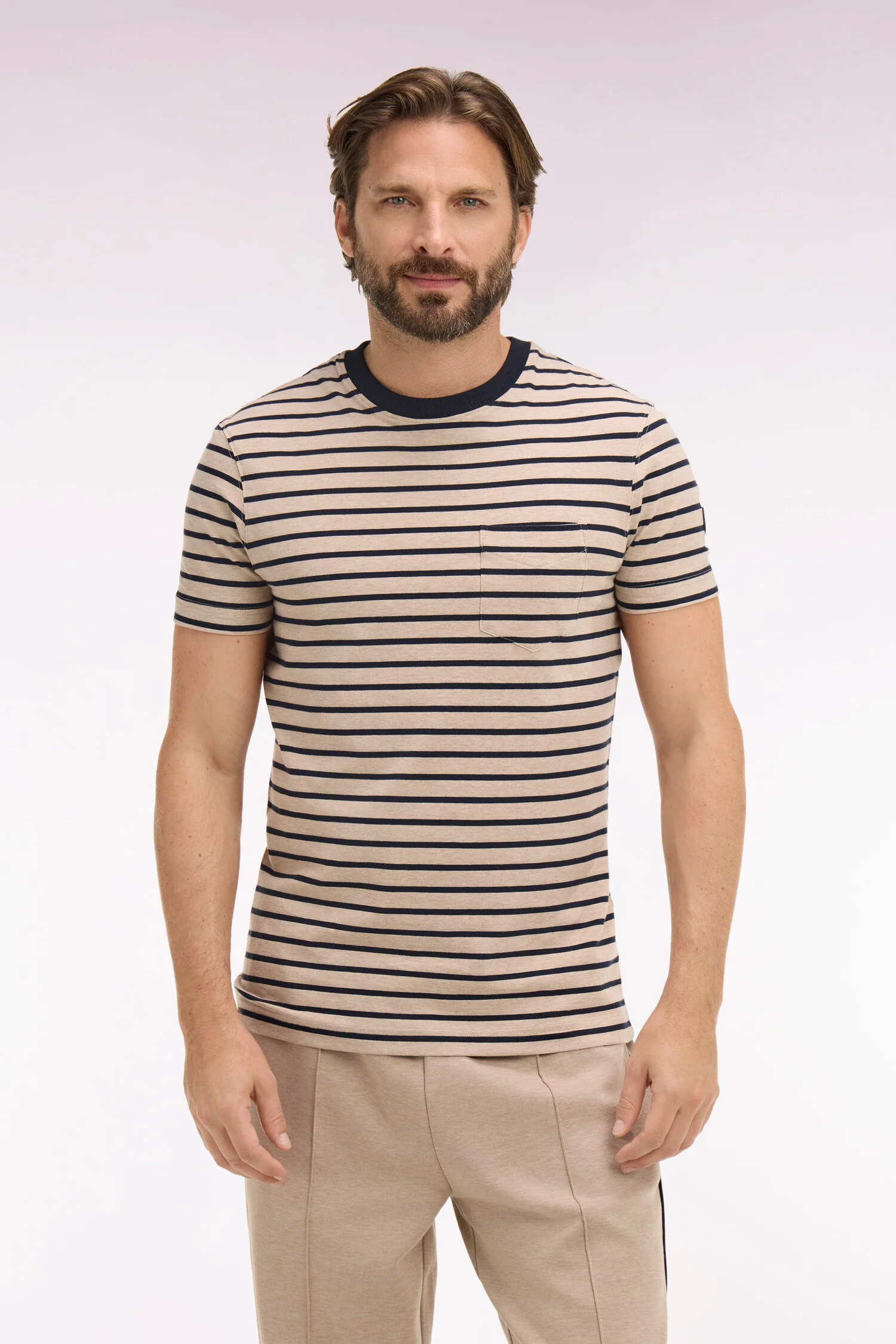 T-shirt à manches courtes en coton stretch rayé beige coupe slim - Image 3