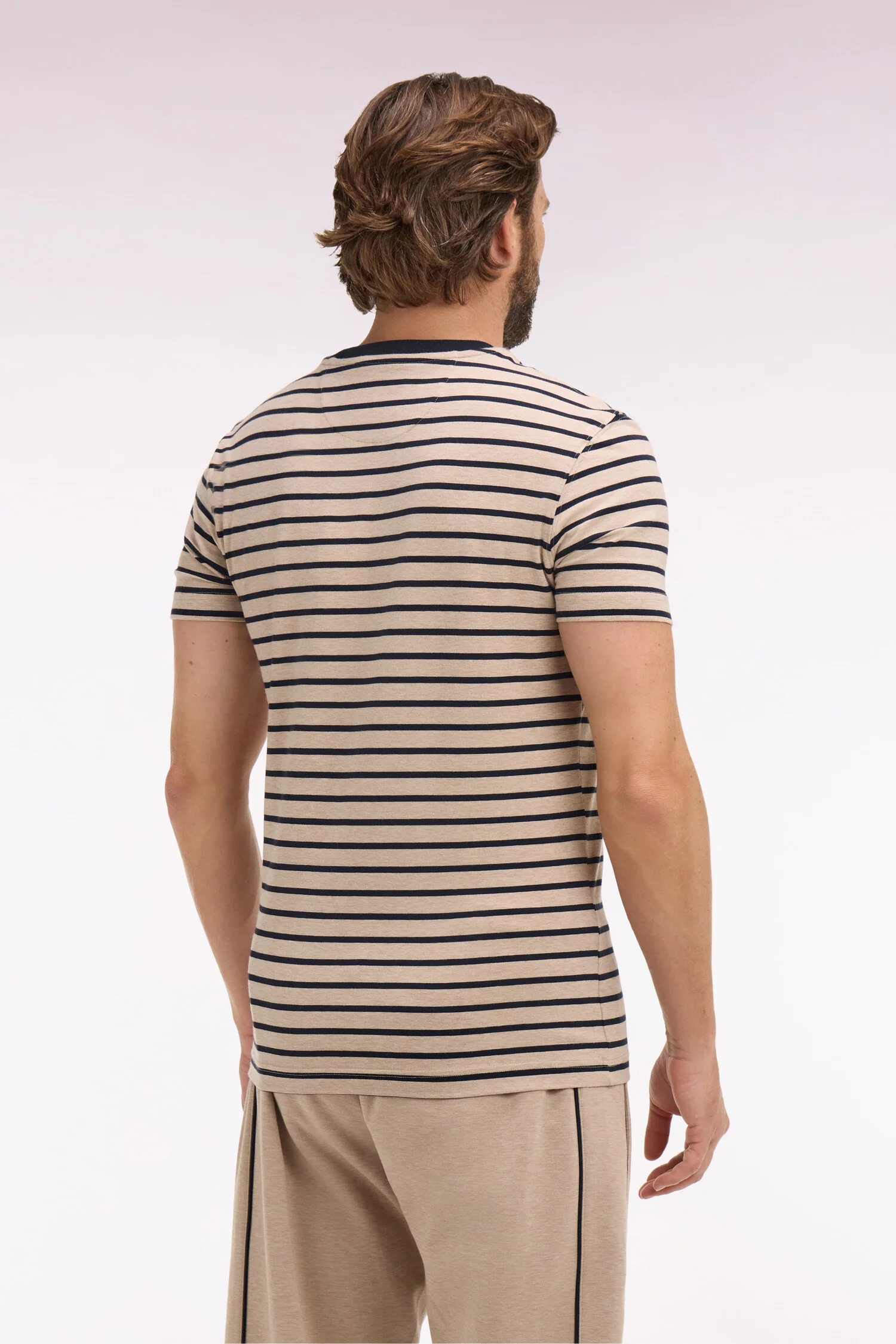 T-shirt à manches courtes en coton stretch rayé beige coupe slim - Image 5