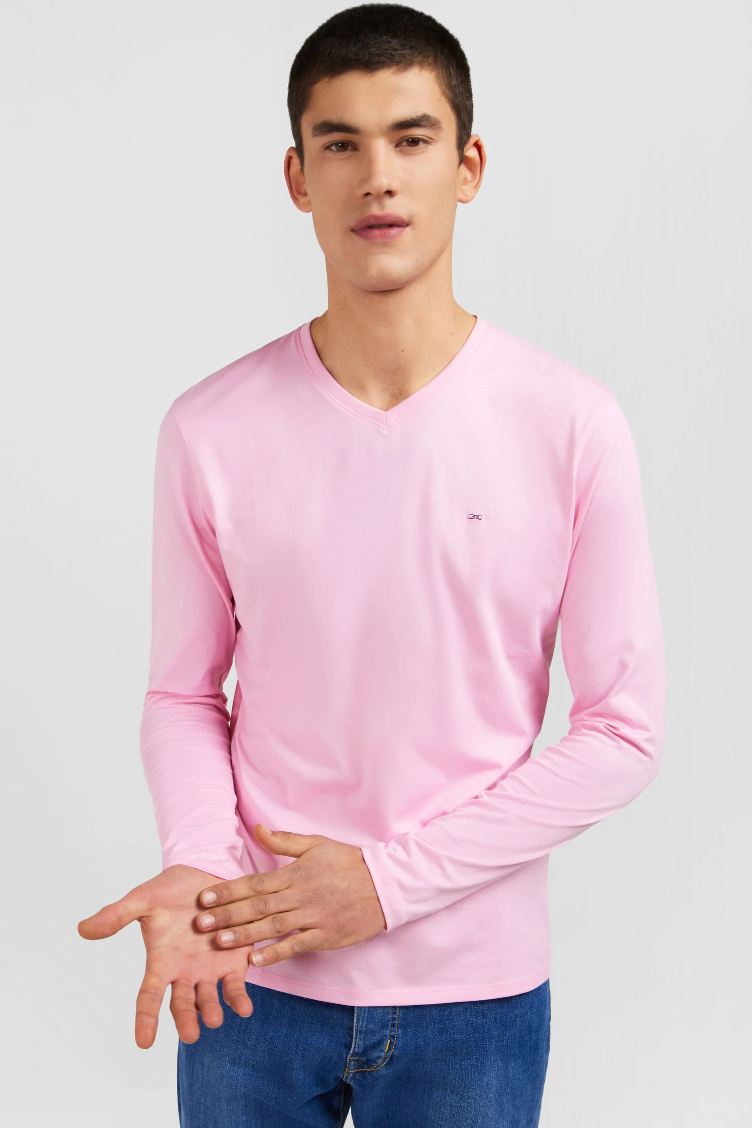 T-shirt rose col V Ă manches longues
